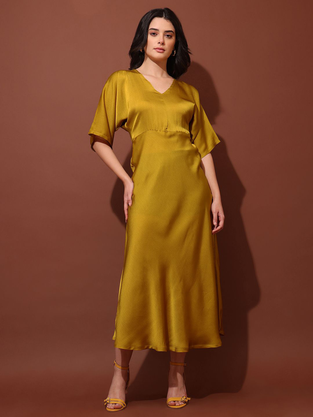 PURVAJA Sheen & Shine V-Neck Extended Sleeves Maxi Dress