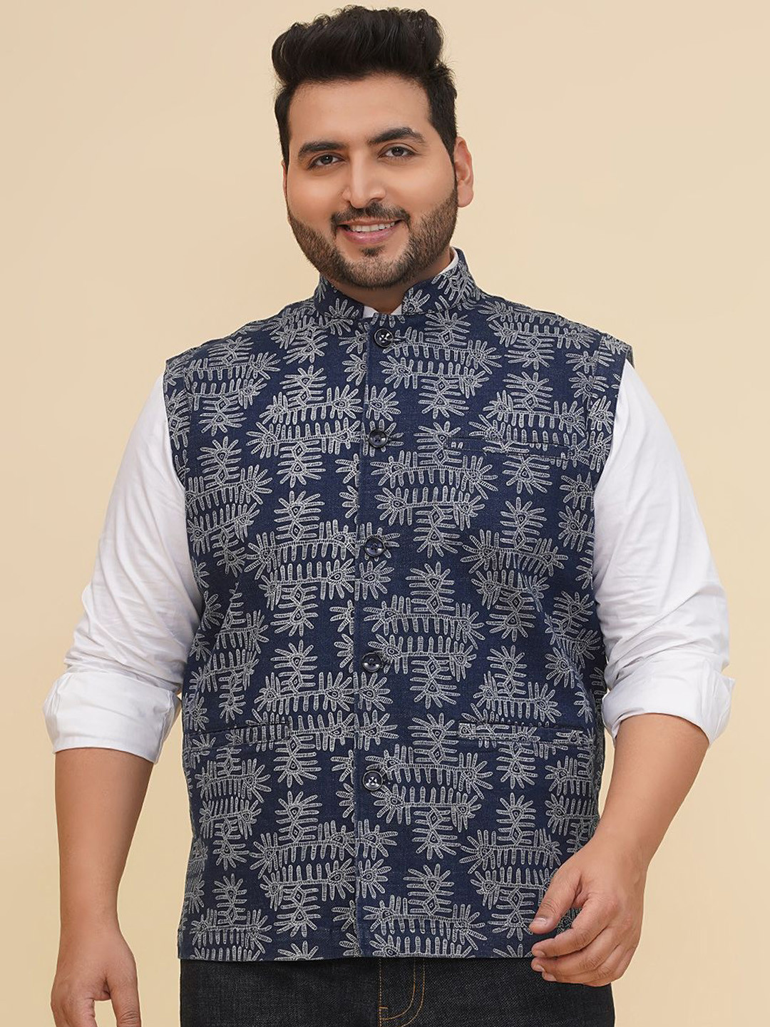 John Pride Printed Plus Size Cotton Stretchable Nehru Jacket