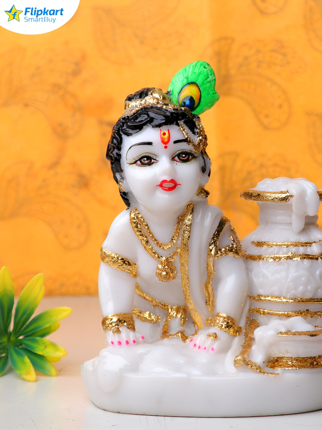 Aura Makhan Gopal White Marble Glossy Prayer Room Small Showpiece - 6.3 Inches