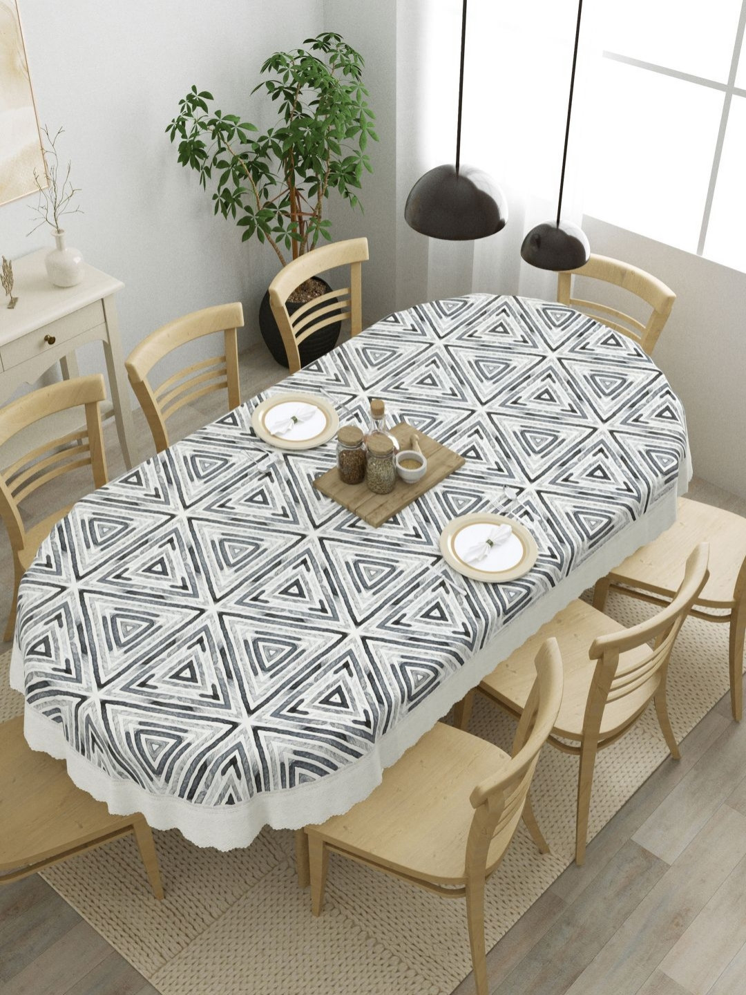 The Home Story Grey & White 8-Seater Geometric Printed Anti-Slip Oval Table Cover