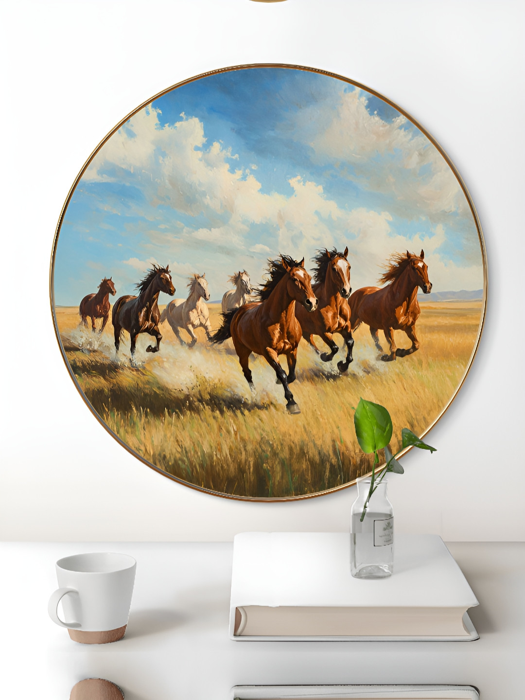 Myntra Elegant Homes Blue & Brown 7 Running Horses Wooden Painting Wall Art