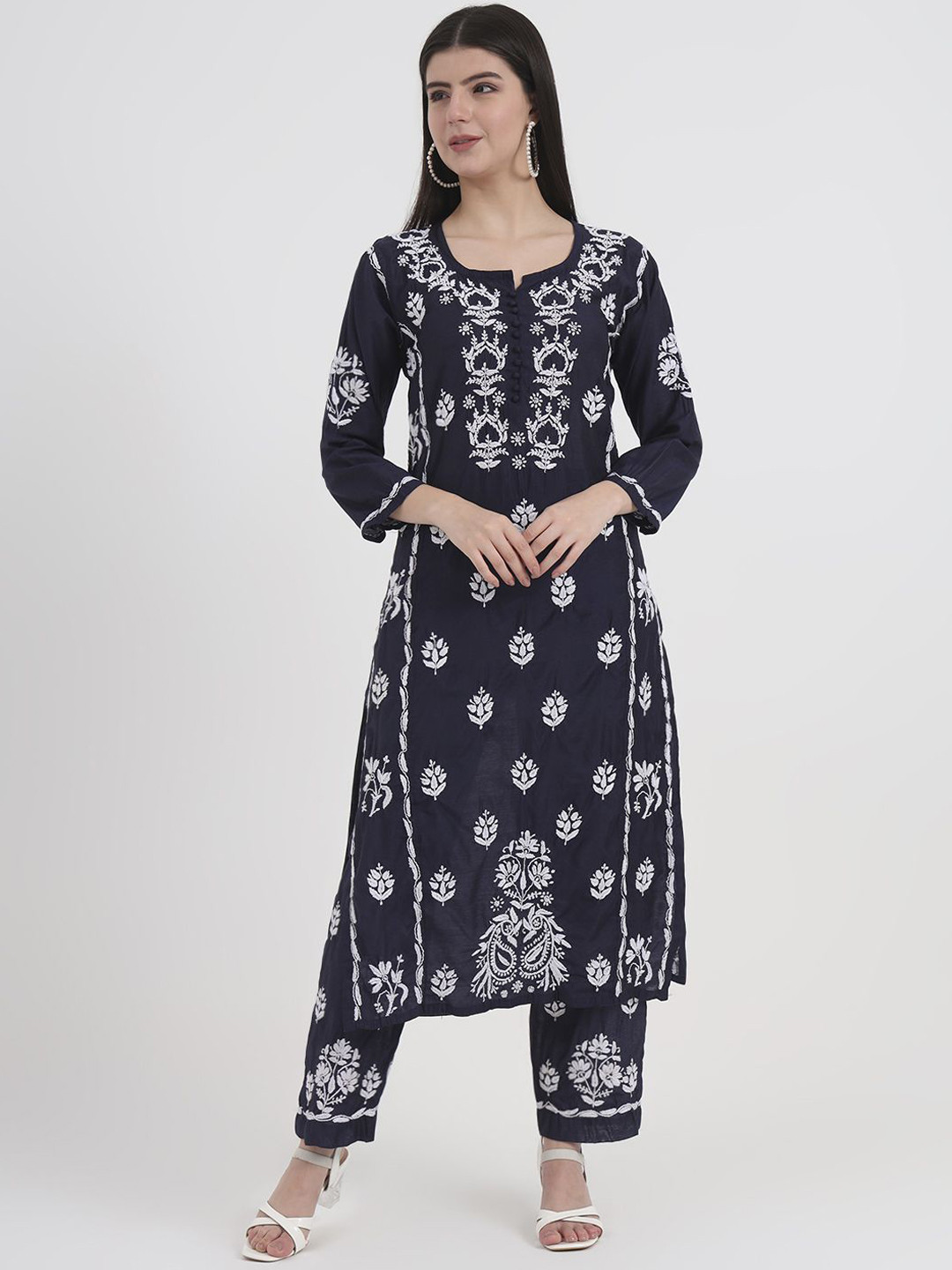 The Chikan Label WomenNavy Blue Aasia Chanderi Chikankari Kurti Palazzo Set