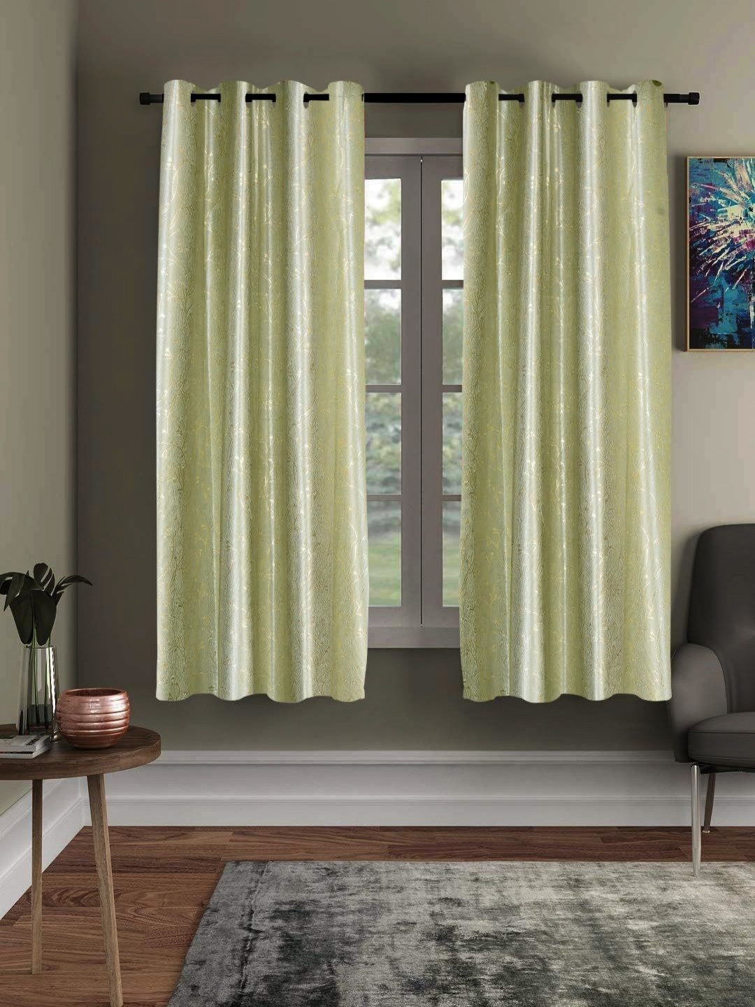 RRC Green & Gold-Toned Set of 2 Floral Semi Blackout Window Curtains
