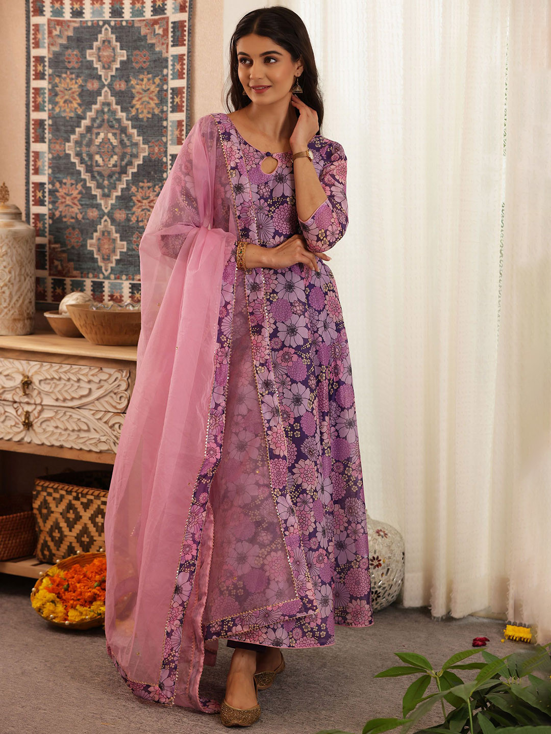 SAJILO Floral Printed Round Neck Anarkali Kurta With Trousers And Dupatta