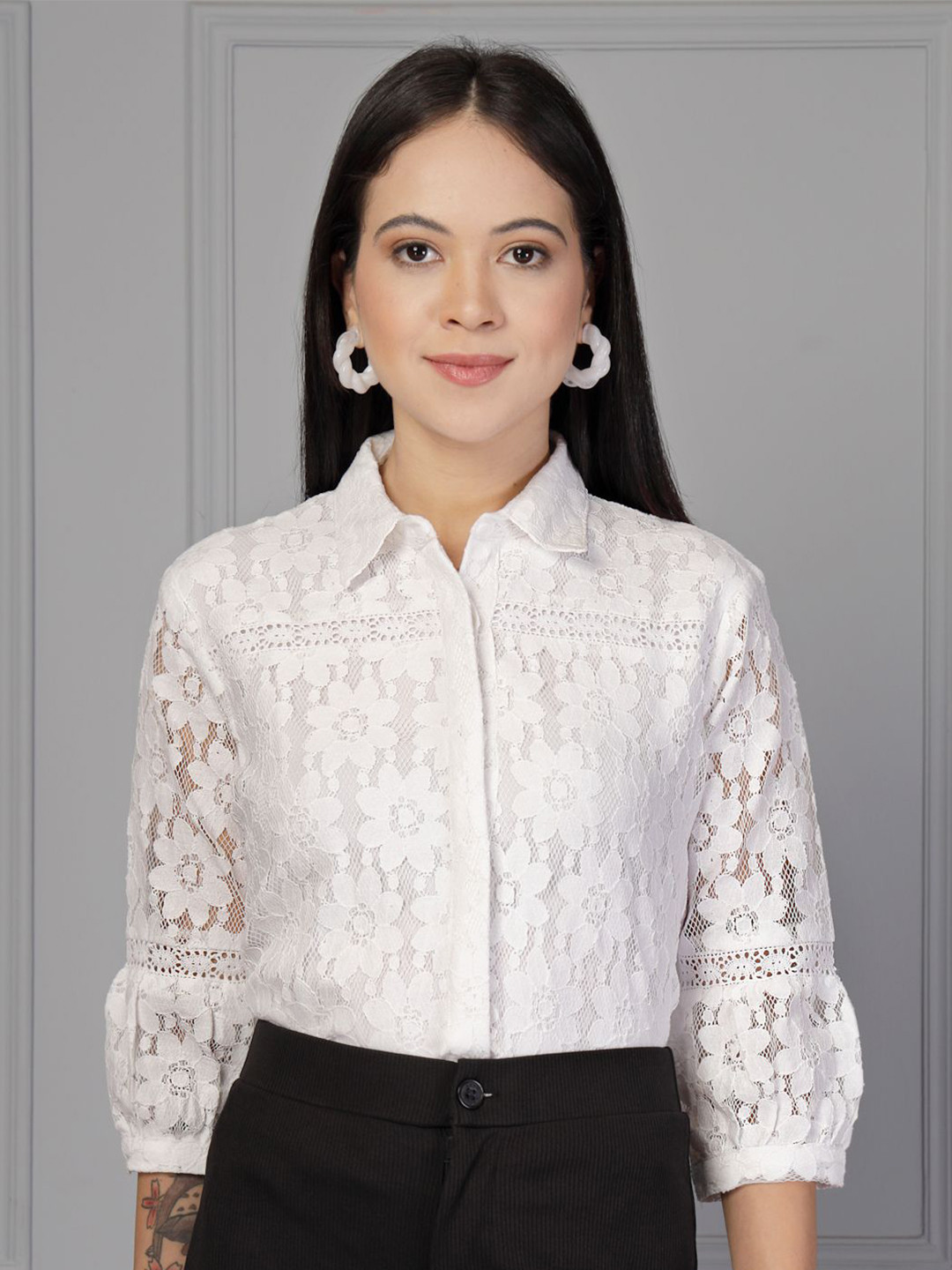 Style Quotient Smart Floral Spread collar Semi Sheer Formal Shirt