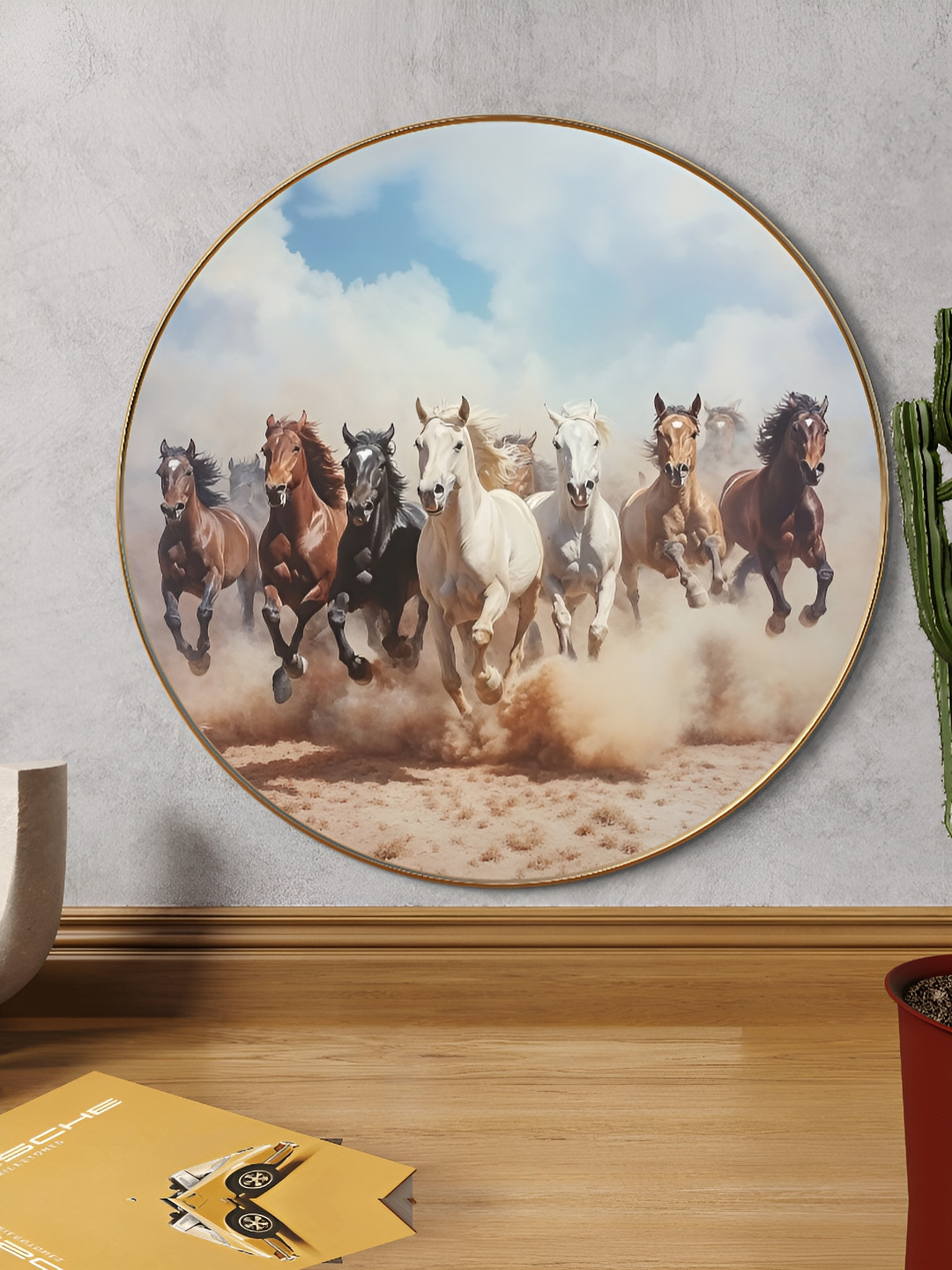 Myntra Elegant Homes Blue & White Wooden 7 Running Horses Wall Art