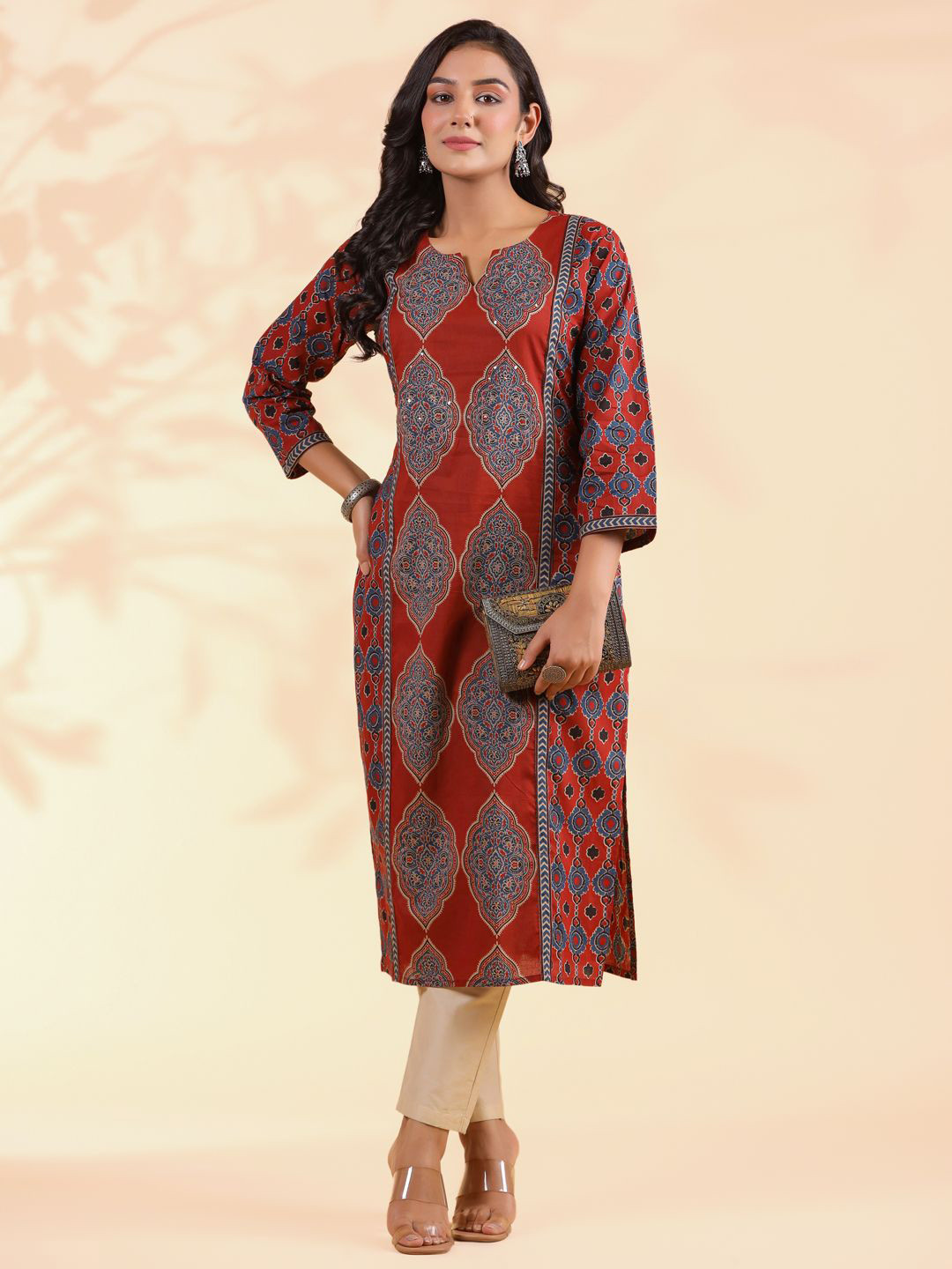 KALINI Ethnic Motifs Printed Notch Neck Sequinned Cotton Straight Kurta