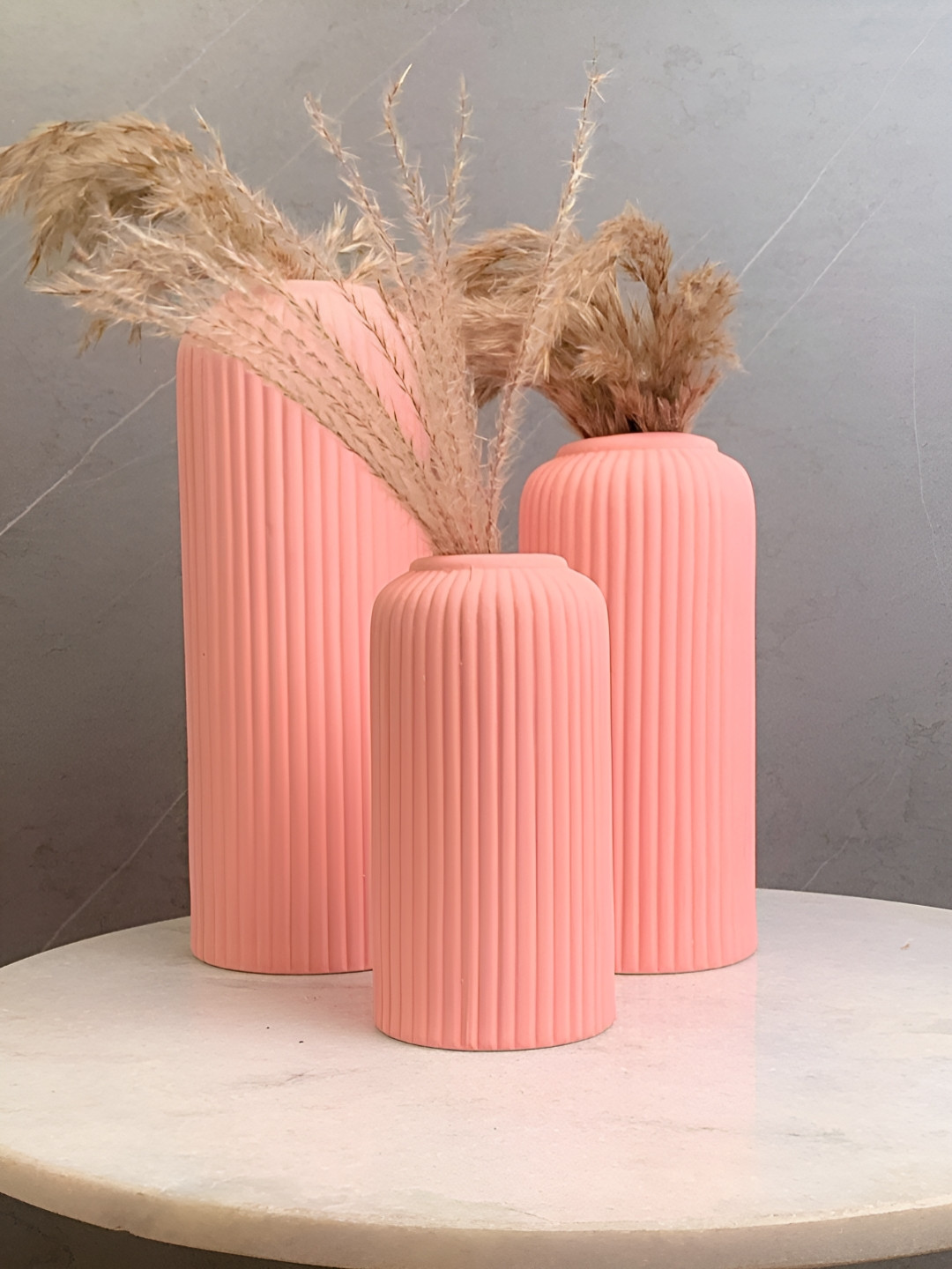 Kreative Arts Set Of 3 Pink Ribbed Design Ceramic Flower Vases
