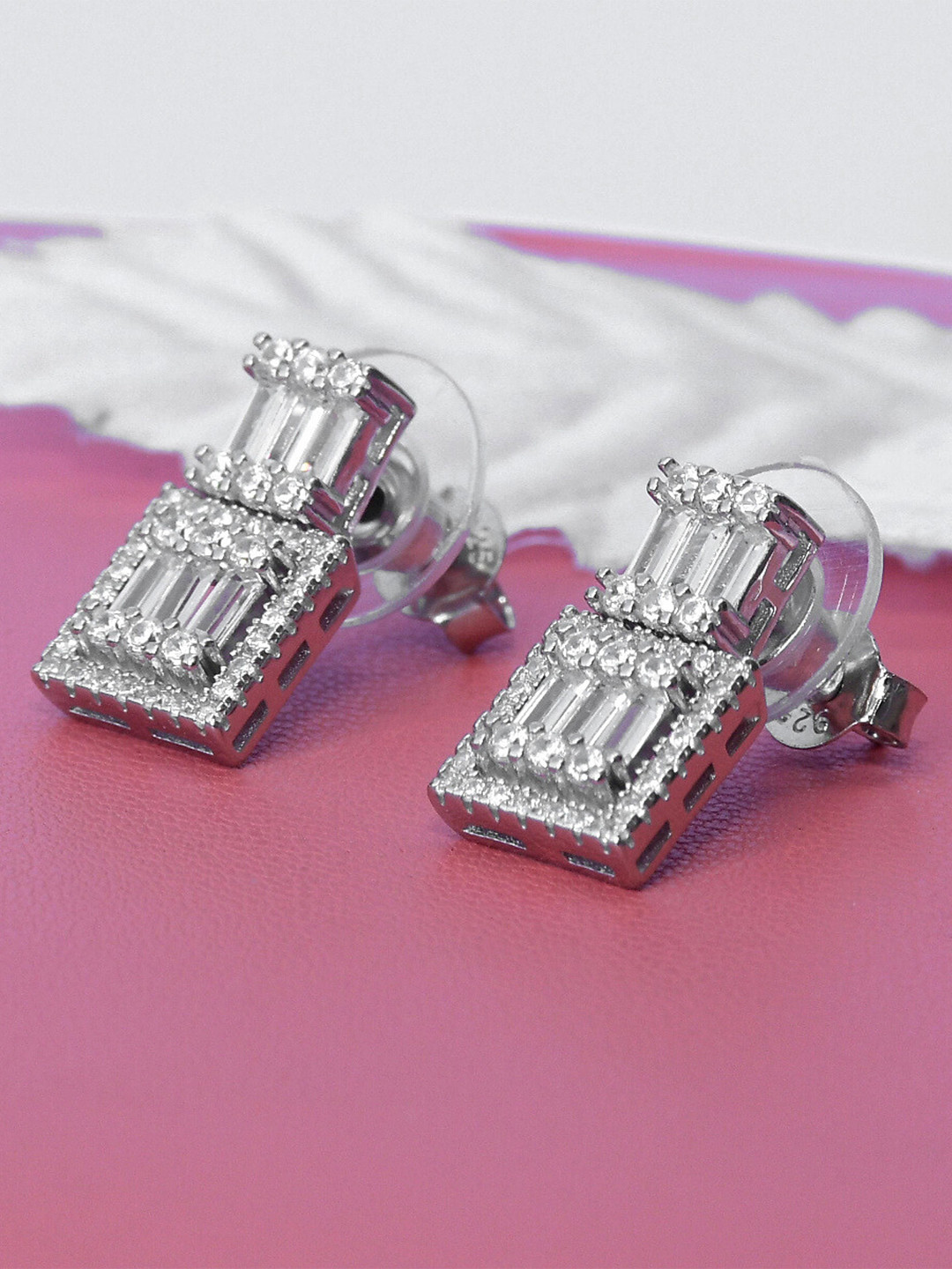 Satlaa 92.5 Pure Silver Dazzling Baguette Rhodium-Plated Square Studs Earrings