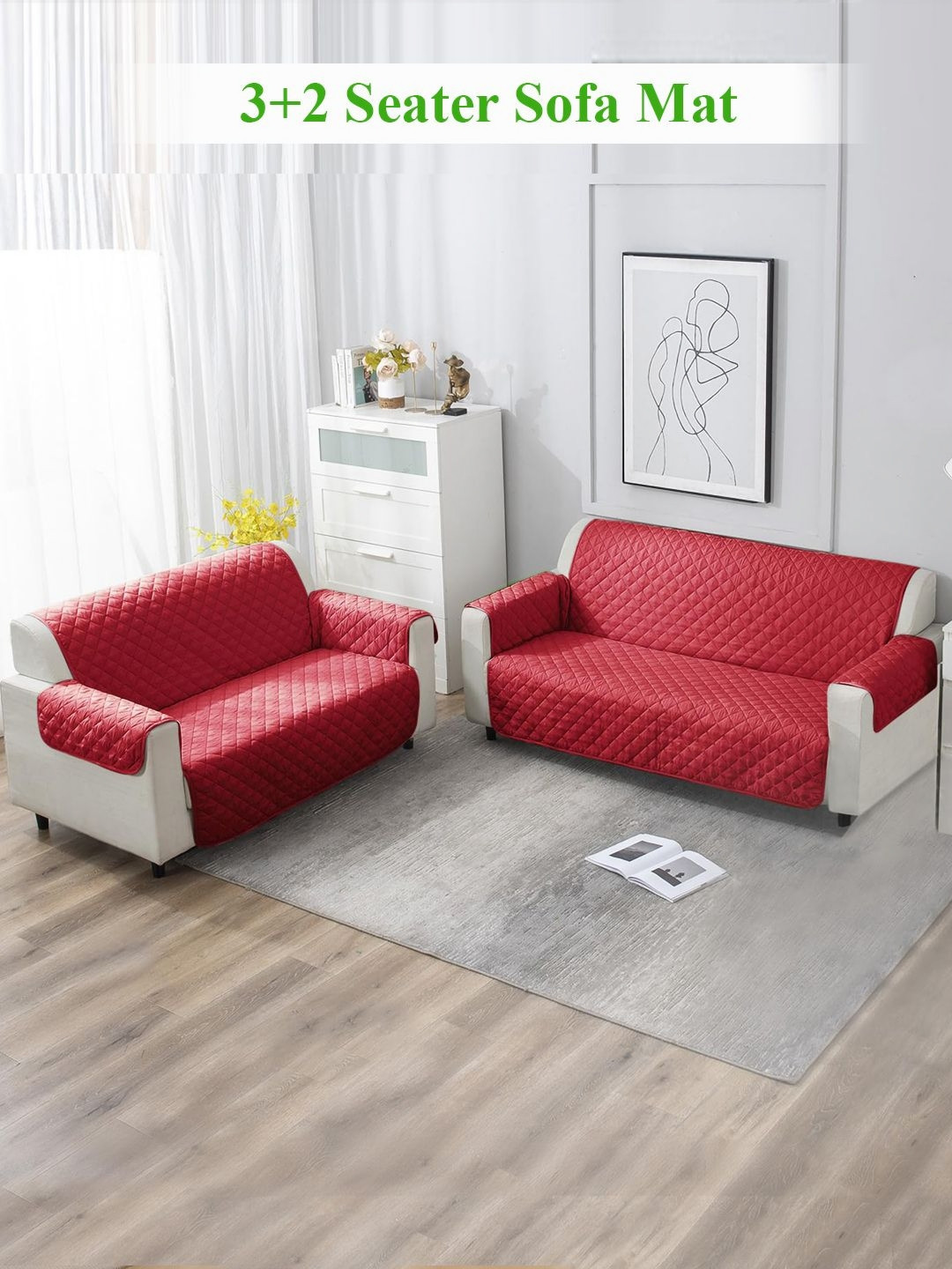 HOKIPO Solid Scarlet Red Polyester Quilted 5 Seater Sofa Cover Mat Protector