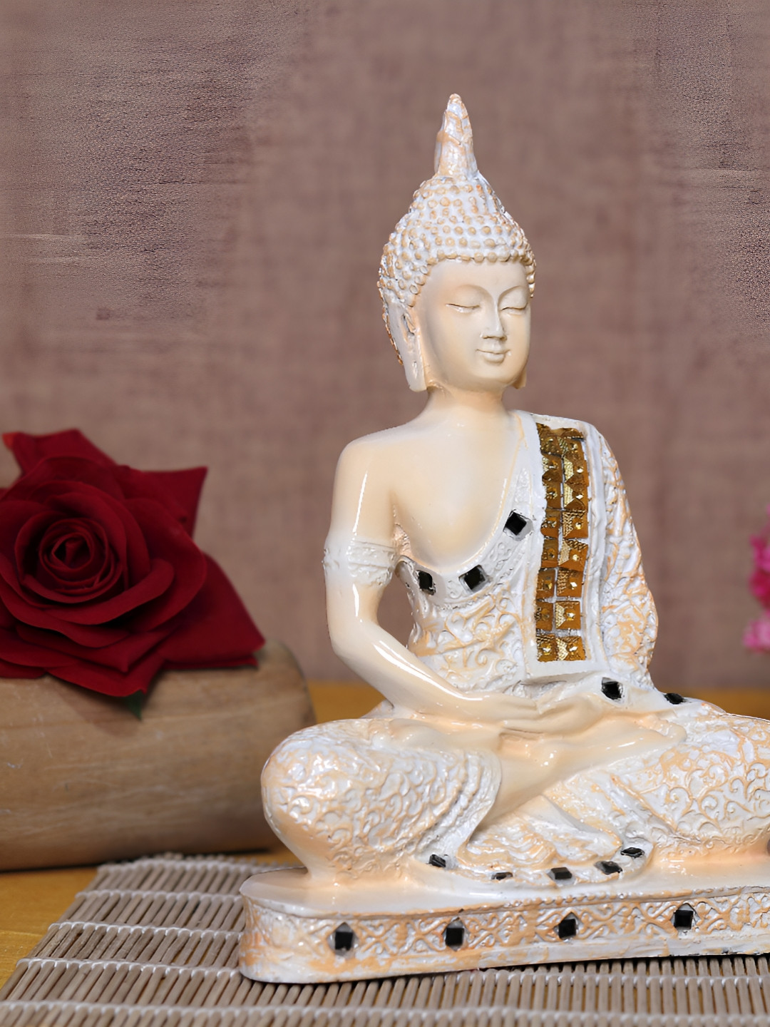 Aura Meditation Lord Buddha Peach Polyresin Natural Living Room Medium Showpiece - 2.4 Inches