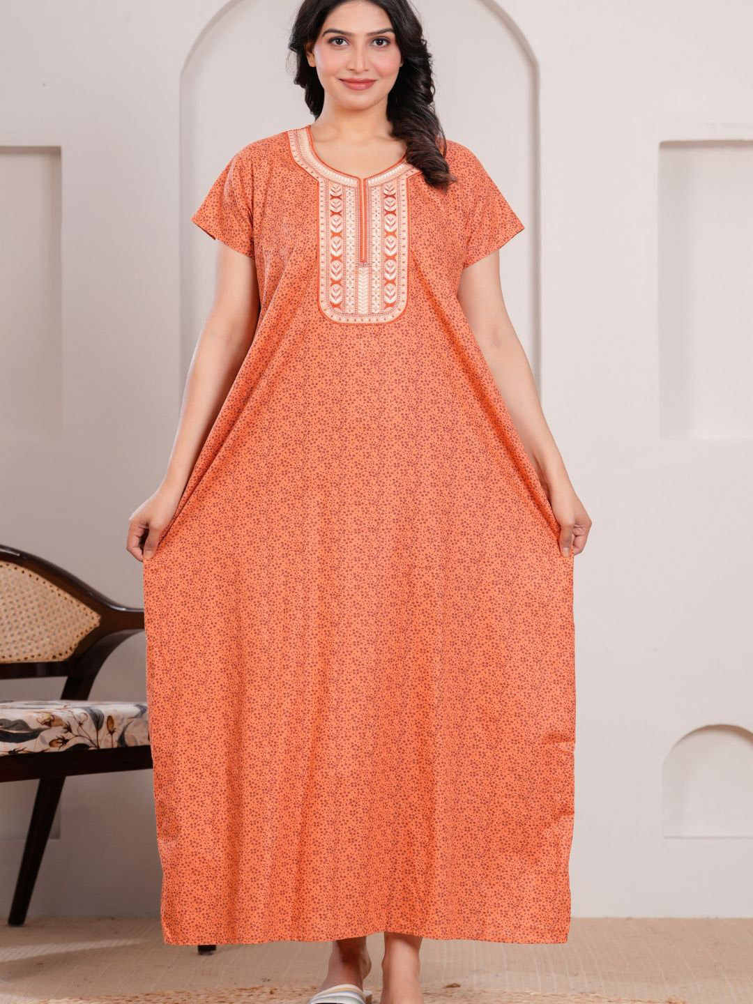HARGUN NIGHT WEAR Floral Printed With Embroidered Cotton Maxi Nightdress