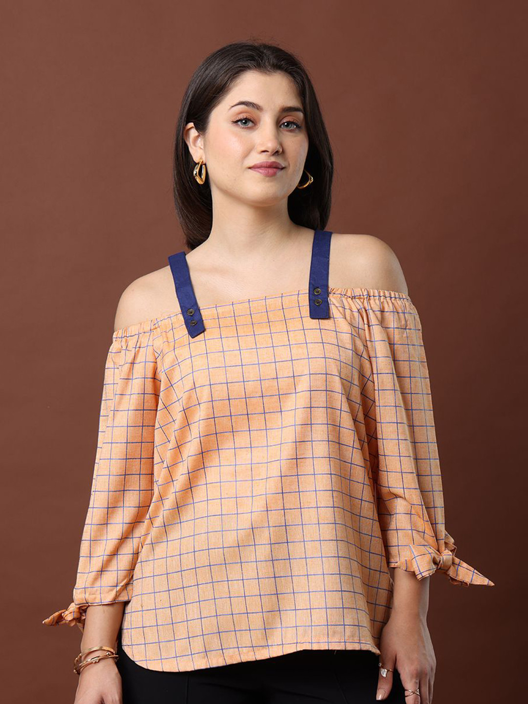 MYND Orange Checked Off-Shoulder Cotton Top