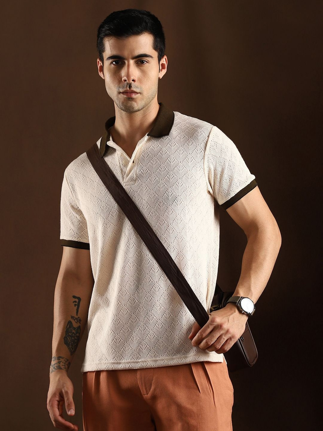CAHOOT Geometric Self Design Polo Collar Cotton T-shirt