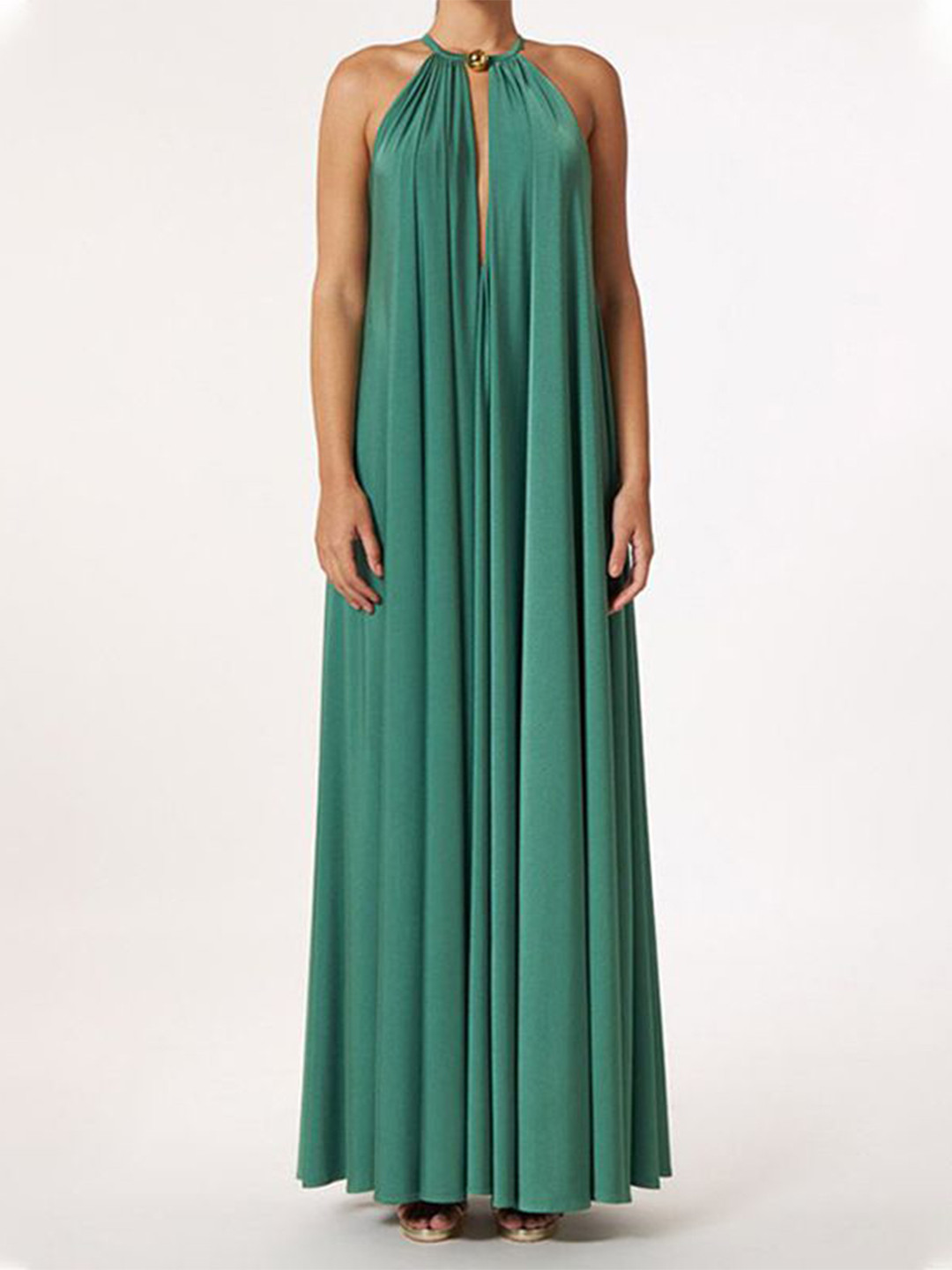 bebe Green Plunge Keyhole Halter Neck Trapeze Maxi Dress