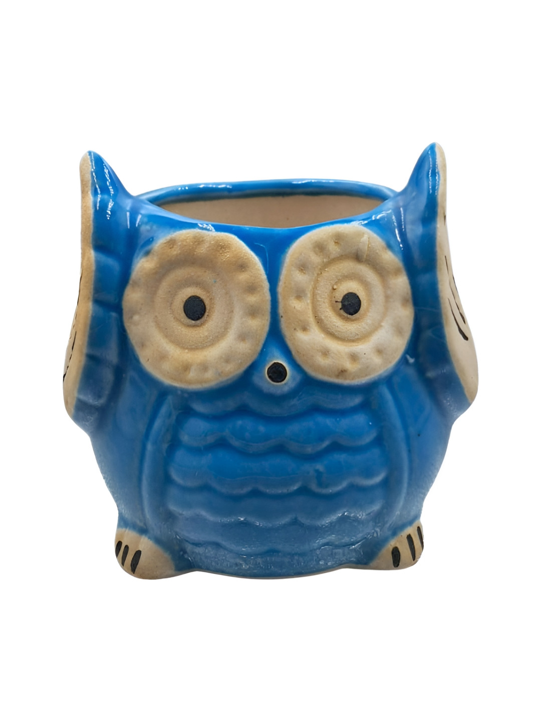 INDIA MEETS INDIA Blue & Beige Textured Owl Shaped CeramicPlanters