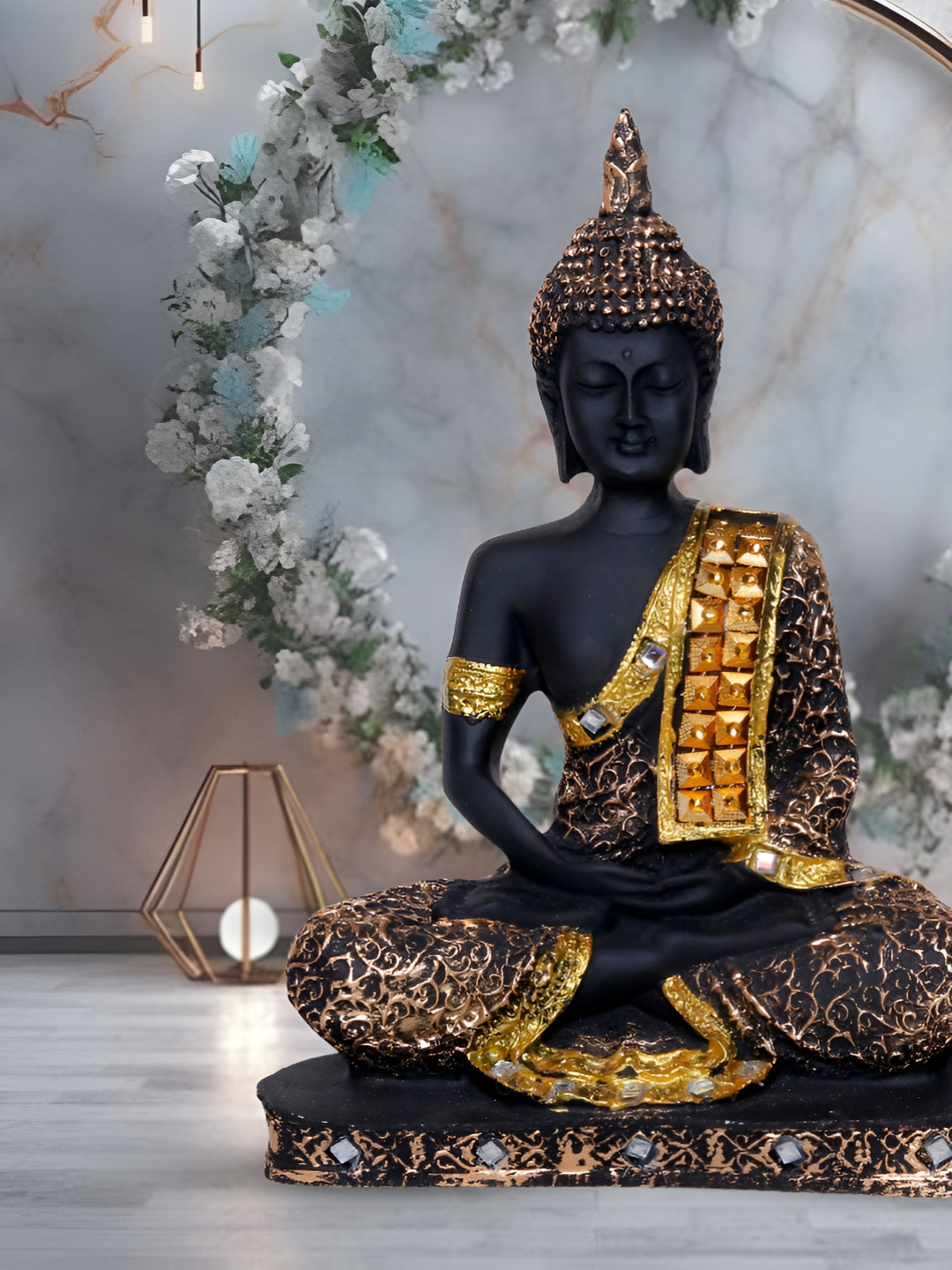 Aura Buddha Gold Marble Glossy Prayer Room Large Showpiece - 9.4 Inches