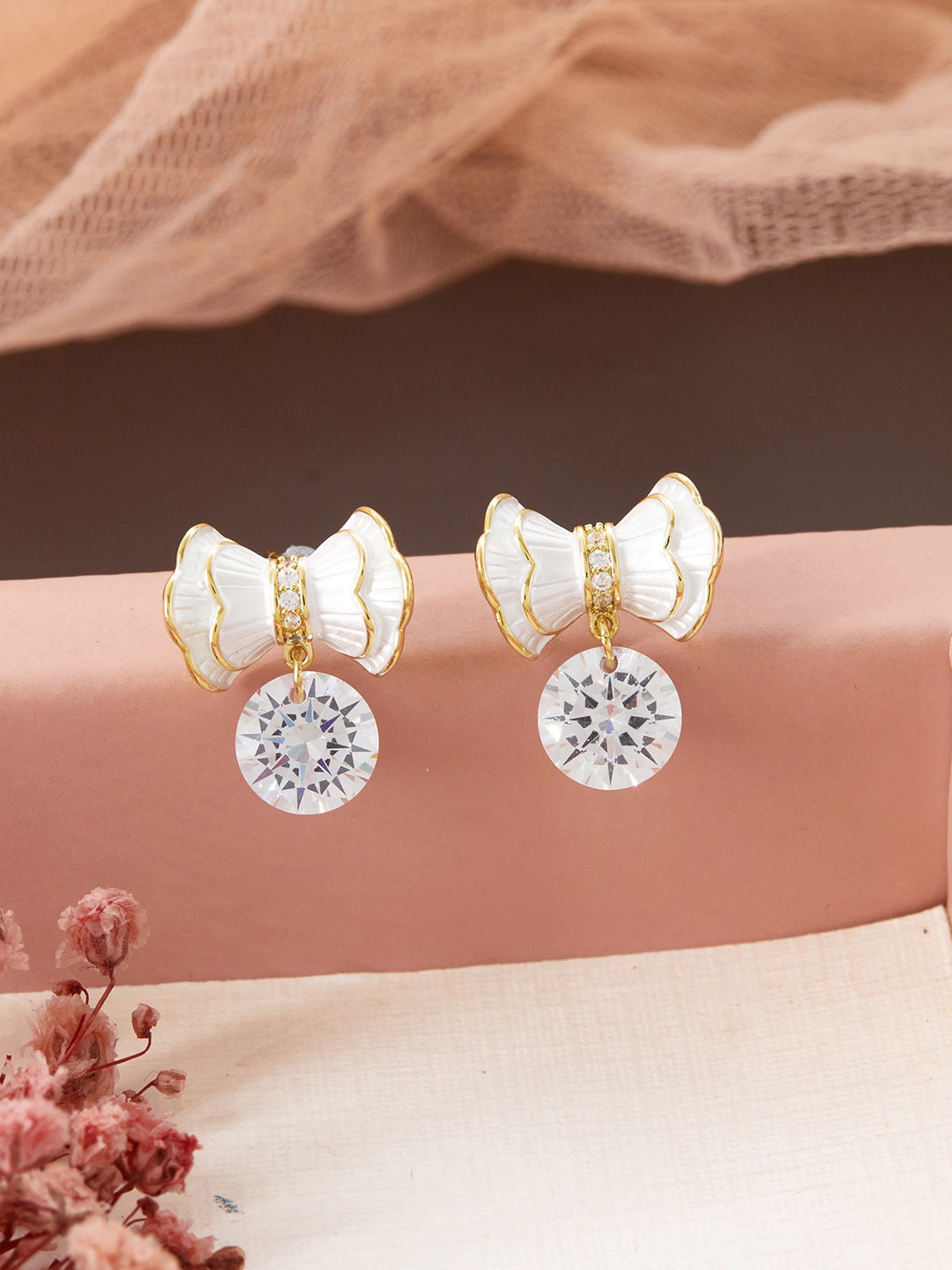 GC Jewelery Gold Plated Artificial Stones Studded Bow Shaped Drop Earrings