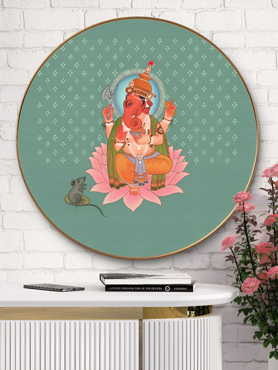 Livin'luxe Green & Orange Colored Lord Ganesh Printed Religious Wooden Wall Art