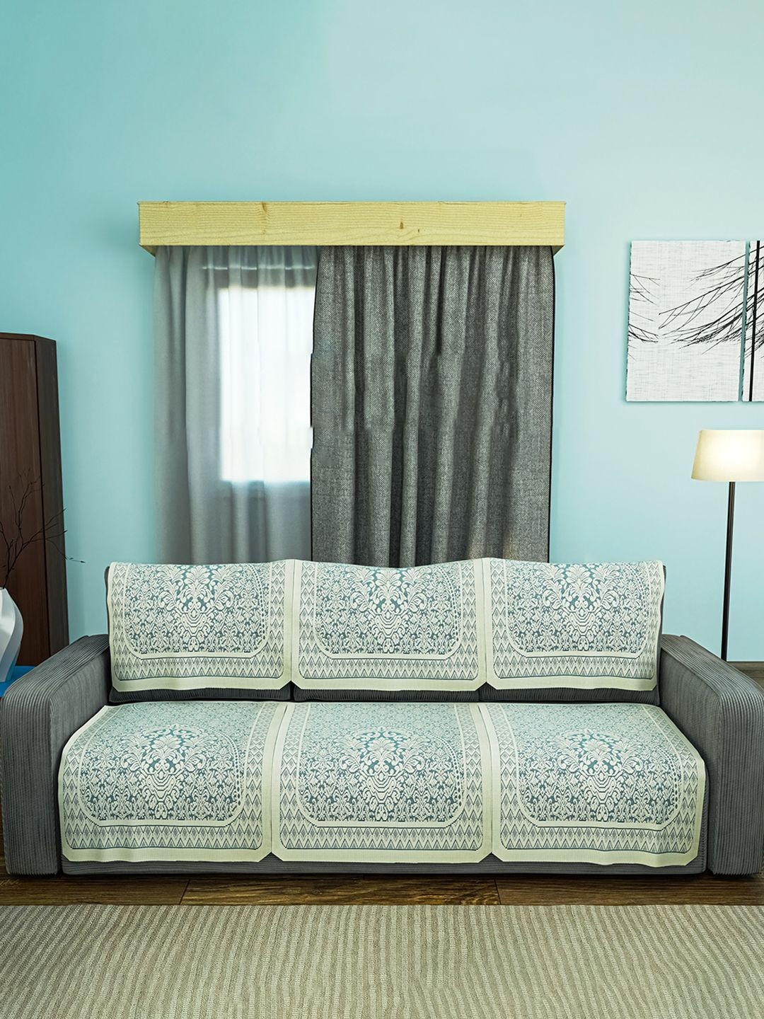 Kuber Industries Set of 6 Durable 3 Seater  Aqua & White Sofa Covers Set Floral