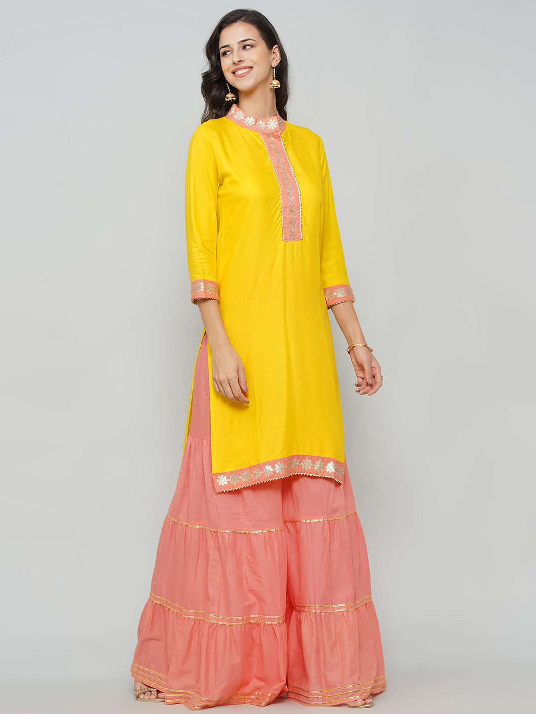 LABEL KASHI Motifs Embroidered Mandarin Collar Straight Kurta with Sharara & Dupatta