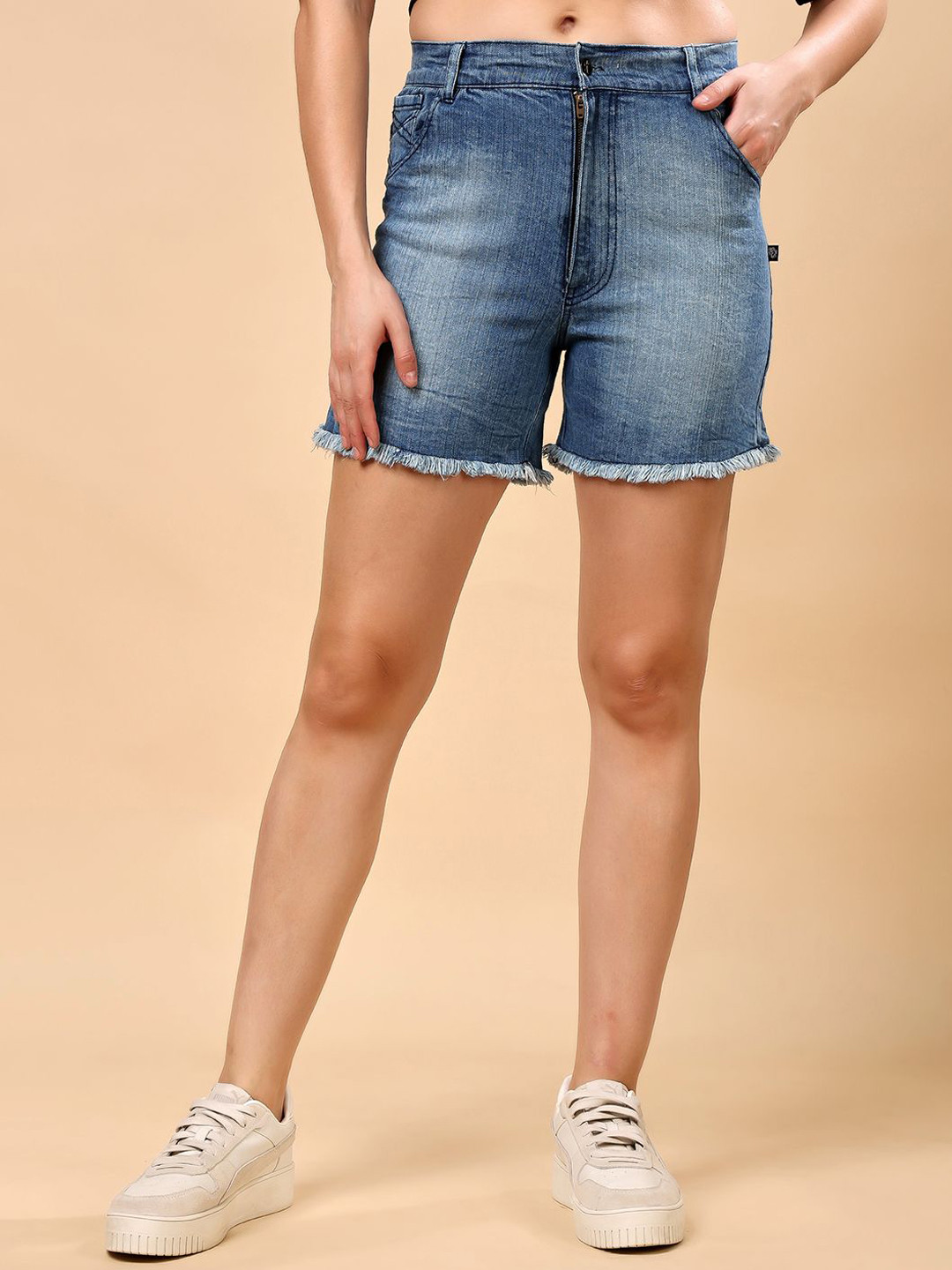 RANGRIWAZ Women Washed Cycling Relaxed Fit Denim Shorts With Technology