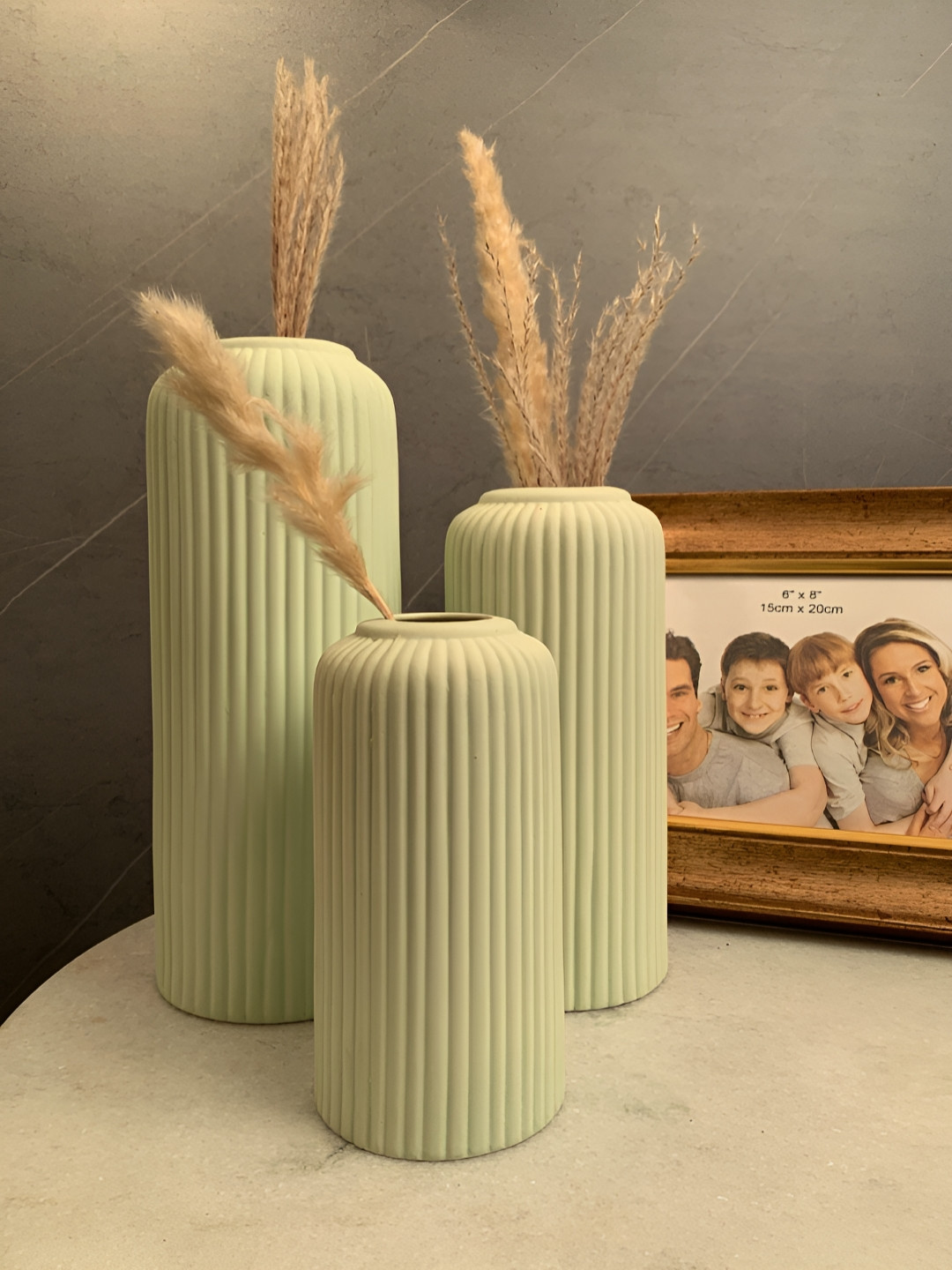 Kreative Arts Set Of 3 Sea Green Ribbed Design Ceramic Flower Vases