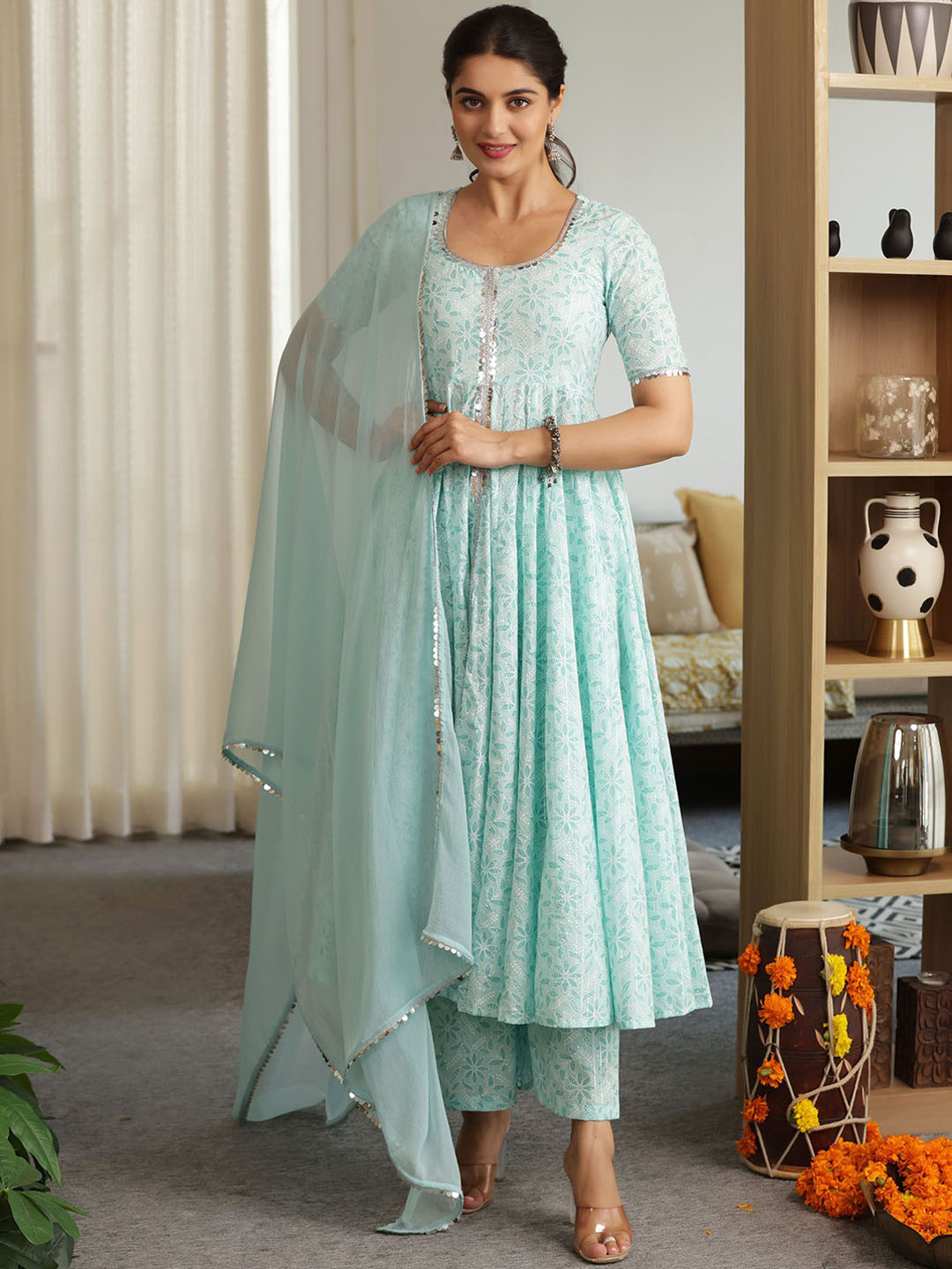 SAJILO Floral Printed Pure Cotton Round Neck Anarkali Kurta With Palazzos & Dupatta