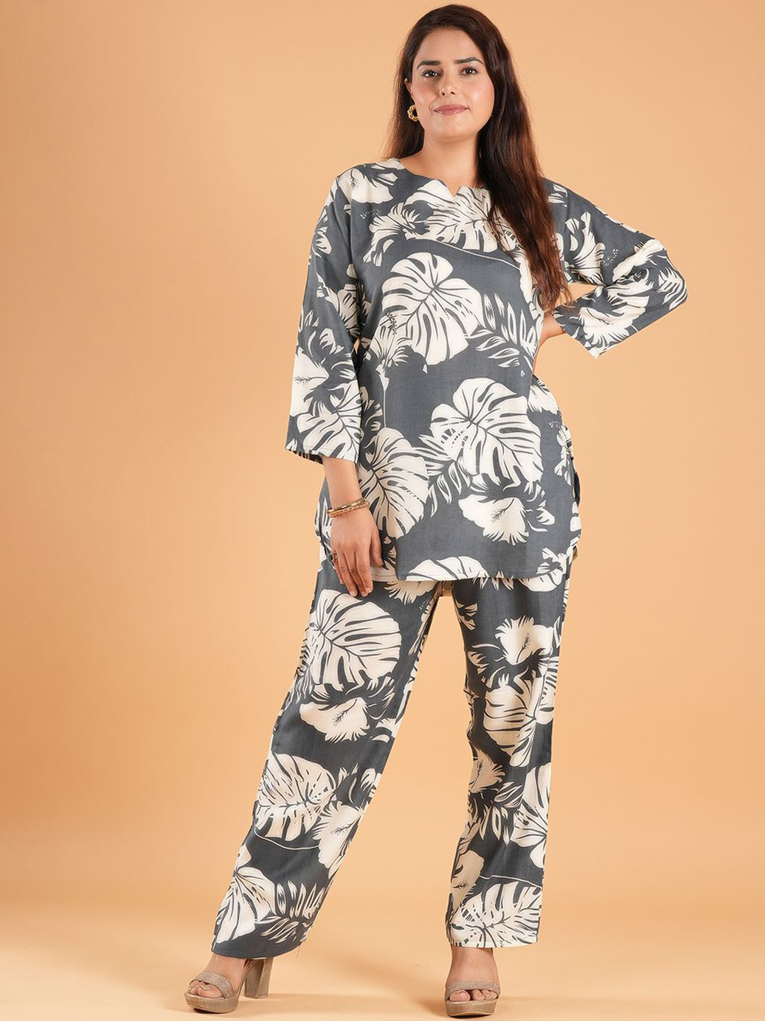 Based Leaf Printed Pure Cotton Tunic With Trouser Co-Ords