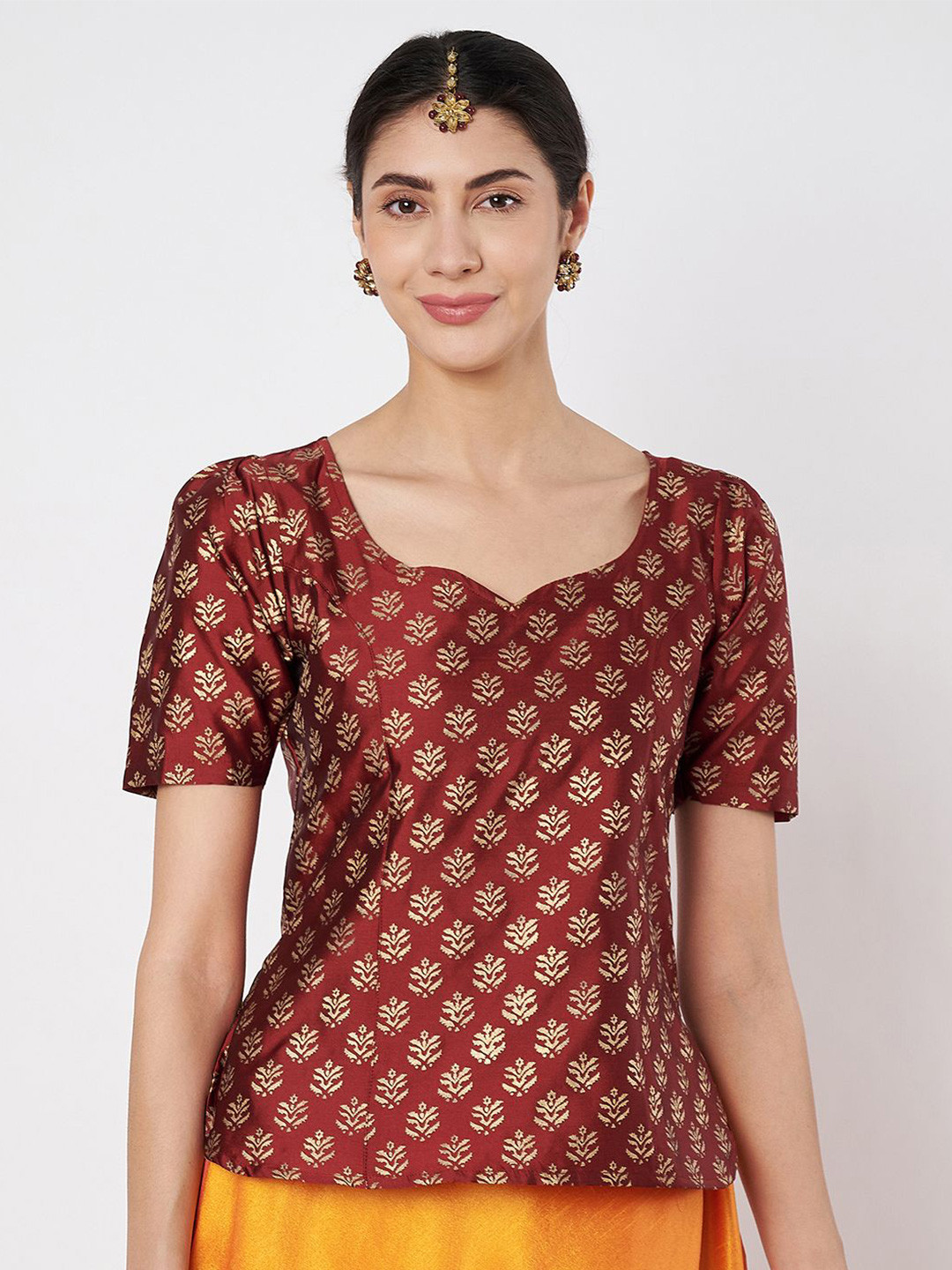 studio rasa Women Floral Printed Sweetheart Neck Puff Sleeve Sheen Ethnic Top