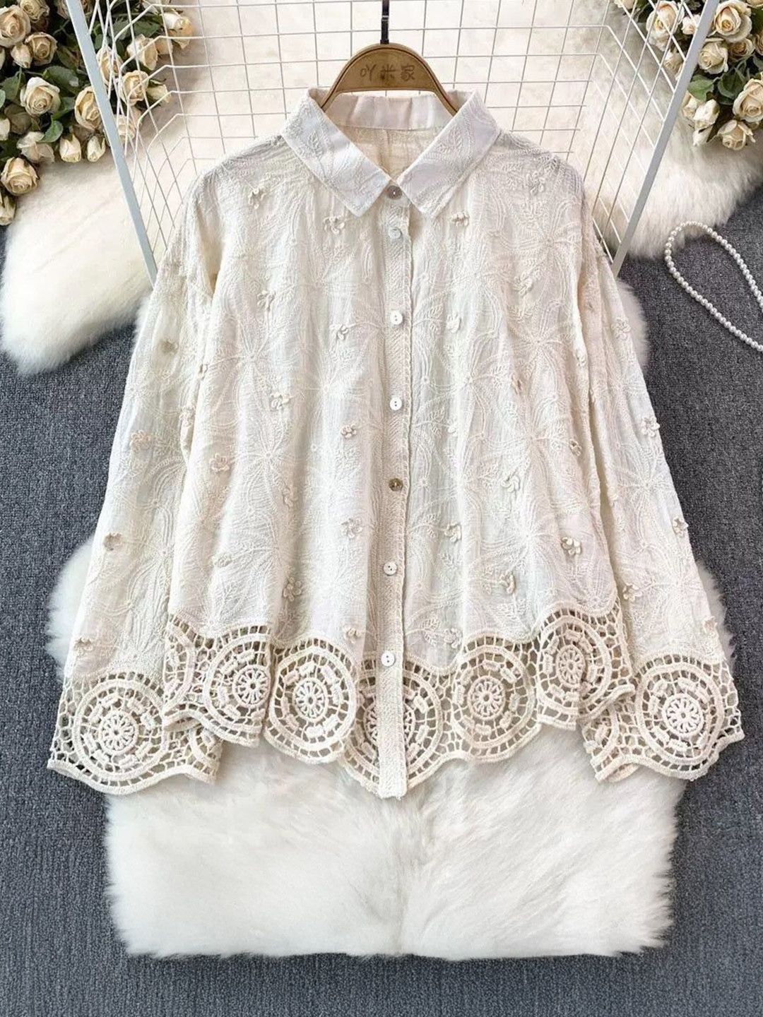 Miss Mosa By Akanksha  Beige Levy  Embroidered Cotton Shirt