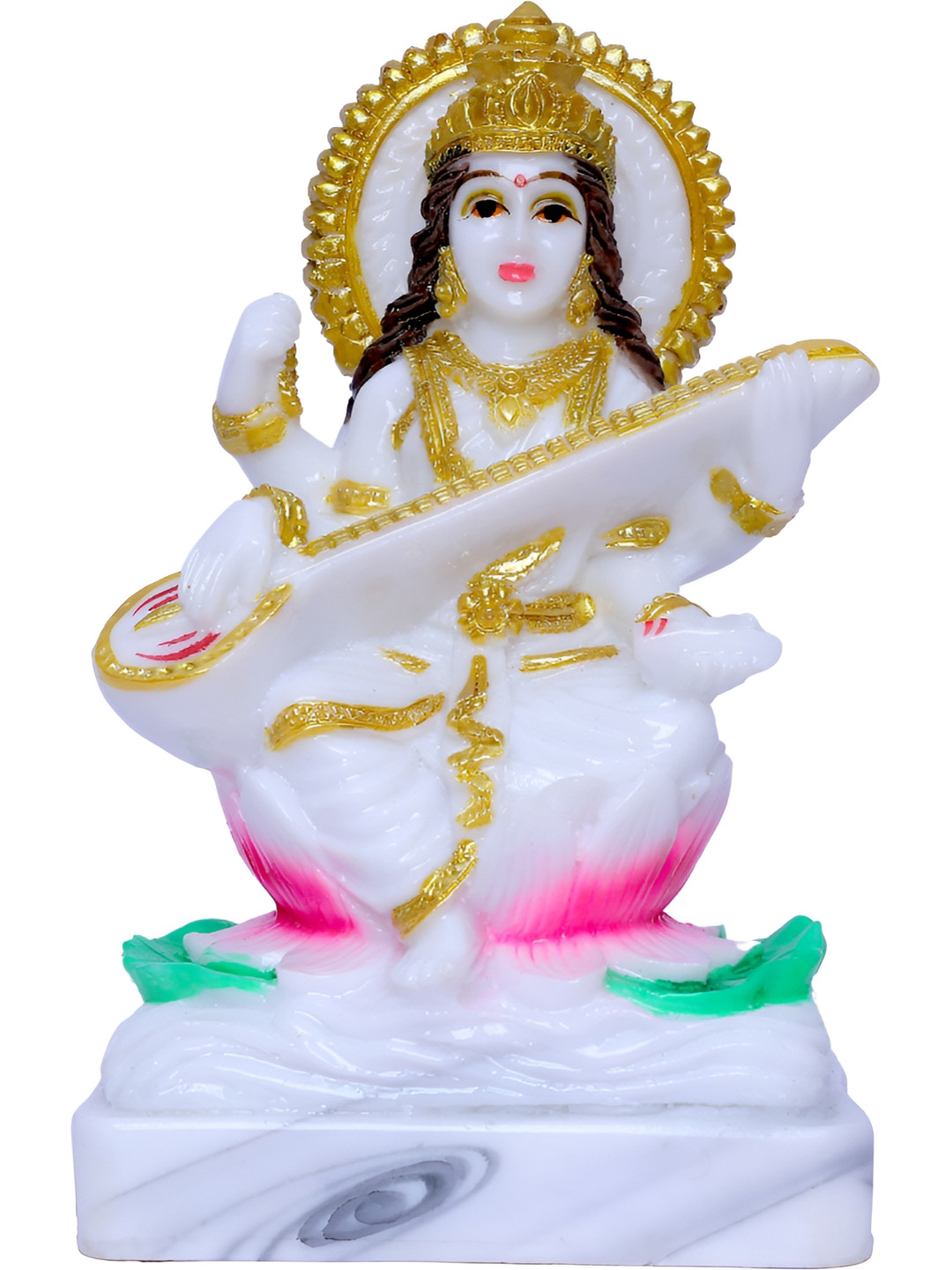 Aura Saraswati Mata Brown Marble Glossy Prayer Room Medium Showpiece - 5.5 Inches
