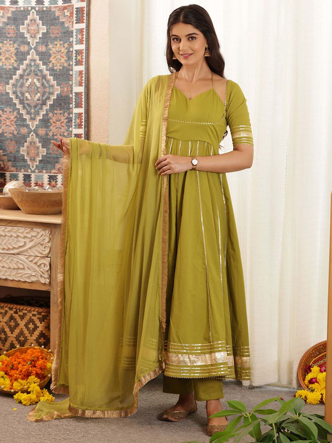 SAJILO Women Pure Cotton Gotta Patti Anarkali Suit Set With Dupatta