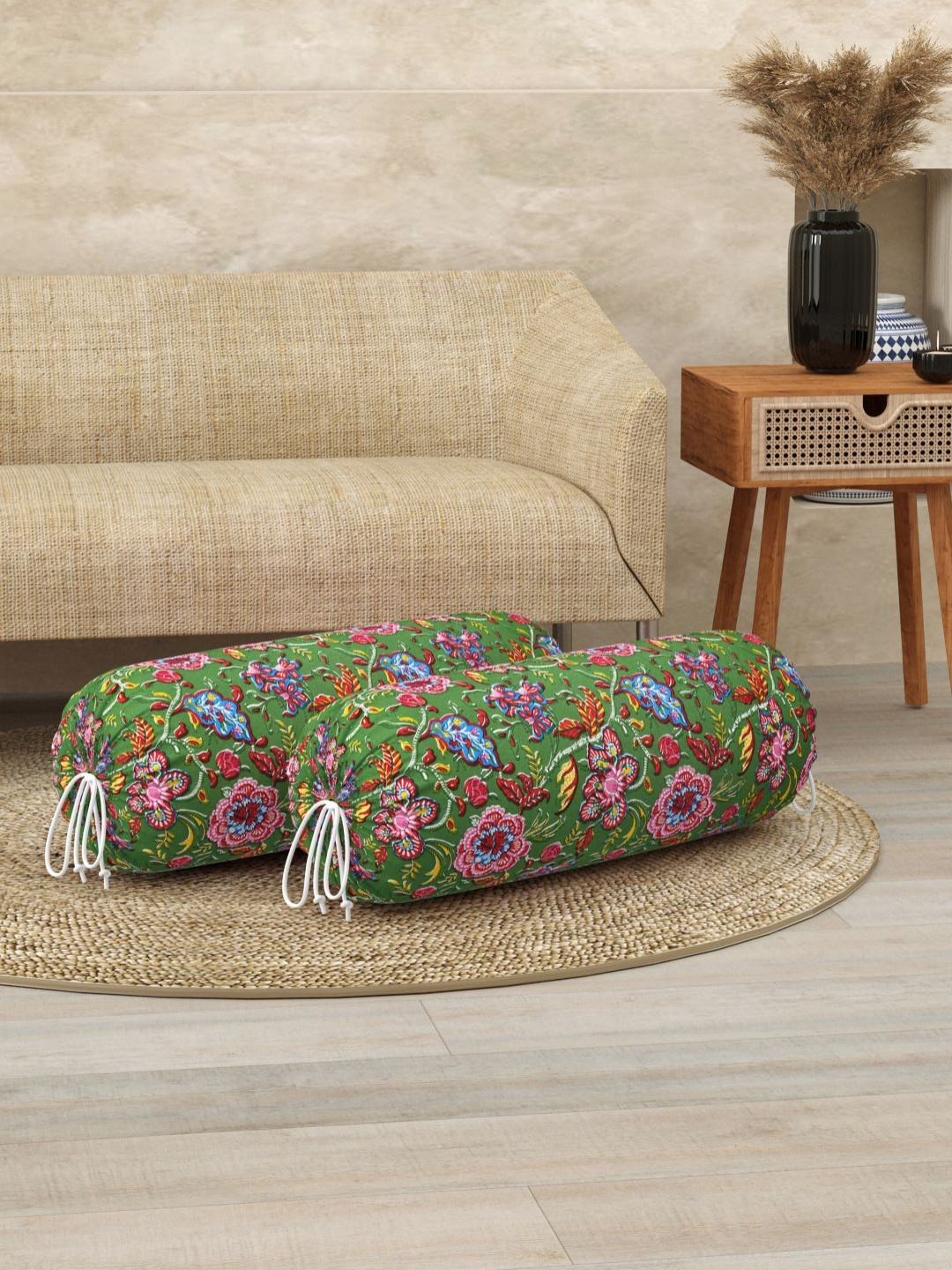 BLOCKS OF INDIA Set Of 2 Pink & Green Printed Cotton Bolster Covers