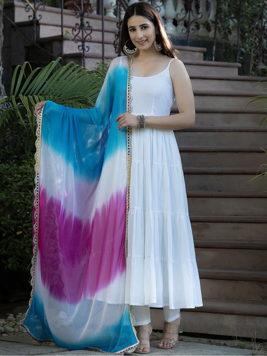 SAJILO Pure Cotton Shoulder Straps Anarkali Kurta With Trousers & Dupatta