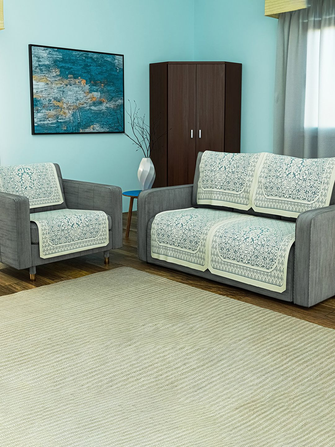 Kuber Industries Set of 6 Durable 2+1 Seater Aqua & White Sofa Covers Set Floral