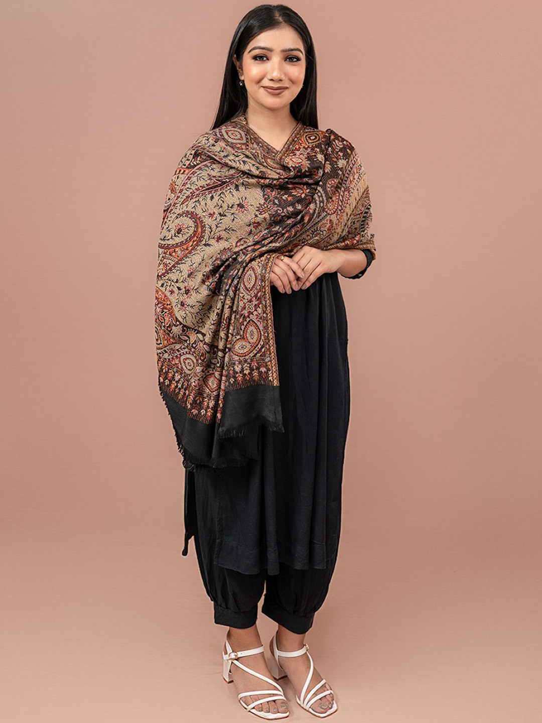 Kala Maison Women Classic Black Jamawar Paisley Printed Shawl