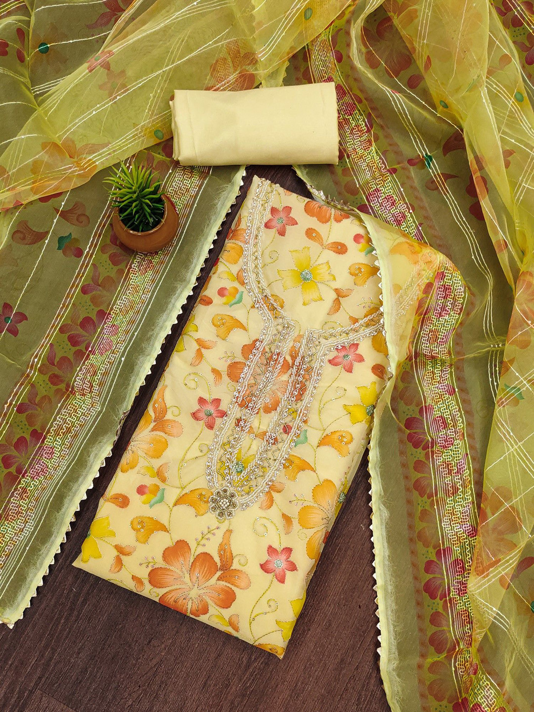 Panzora Printed Organza Kurta Fabric Bottom Fabric and Dupatta Unstitched Dress Material