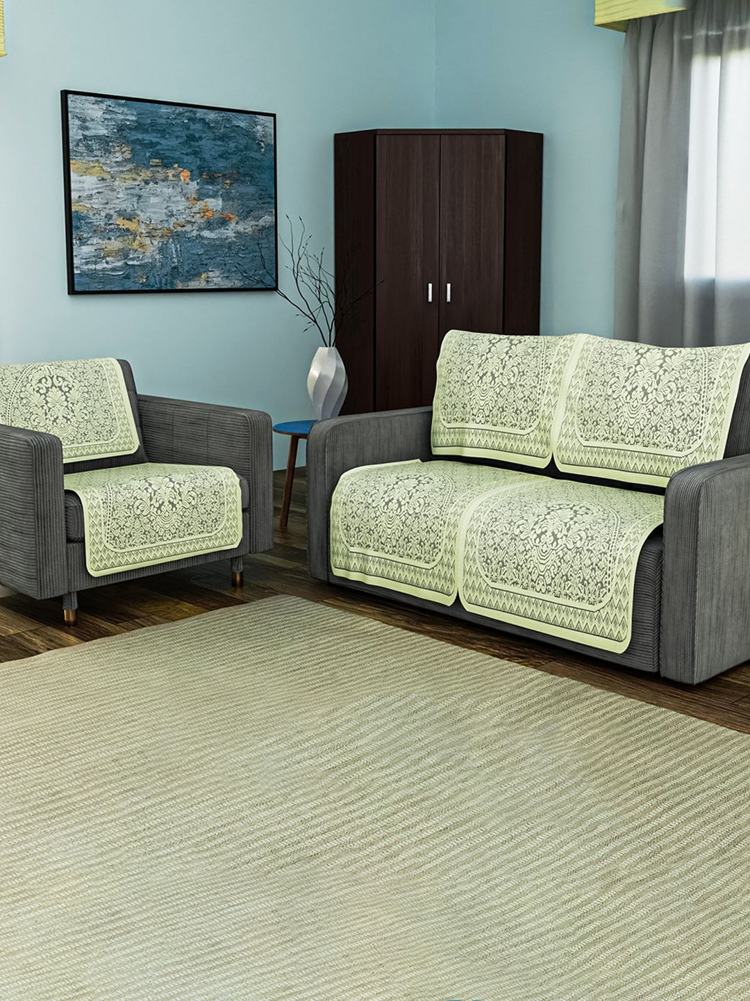 Kuber Industries Set of 6 Durable 2+1 Seater Cream & Brown Sofa Covers Set Floral