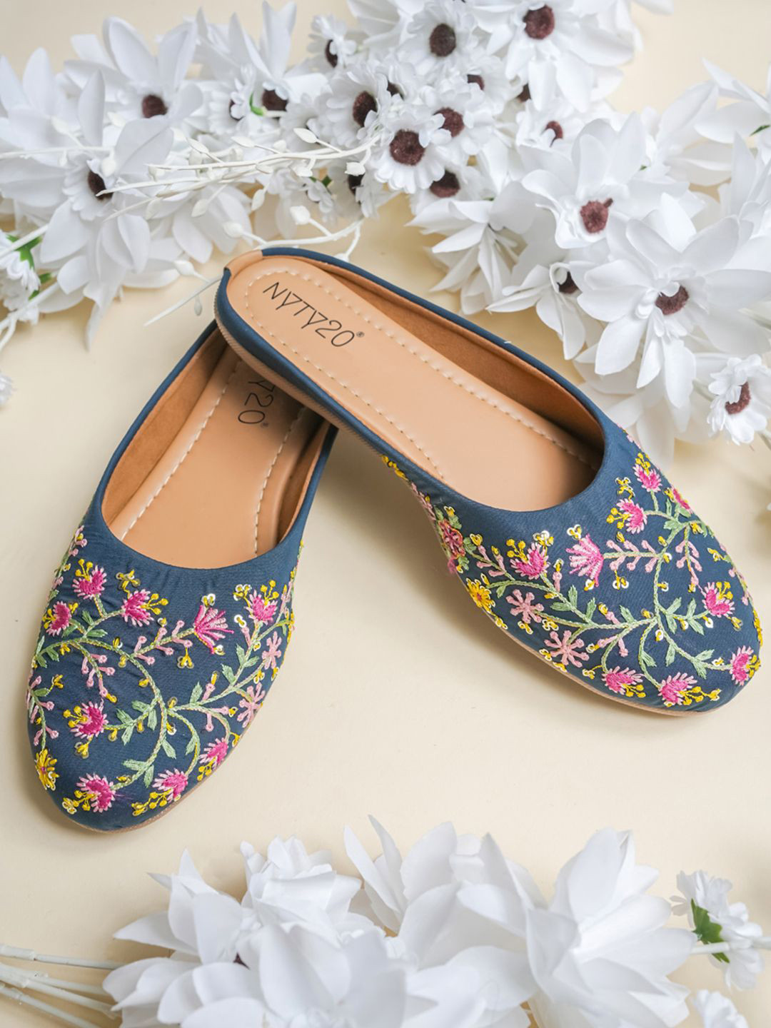 NYTY20 Women Floral Embroidered Ethnic - Embellished Round Toe Mules Flats