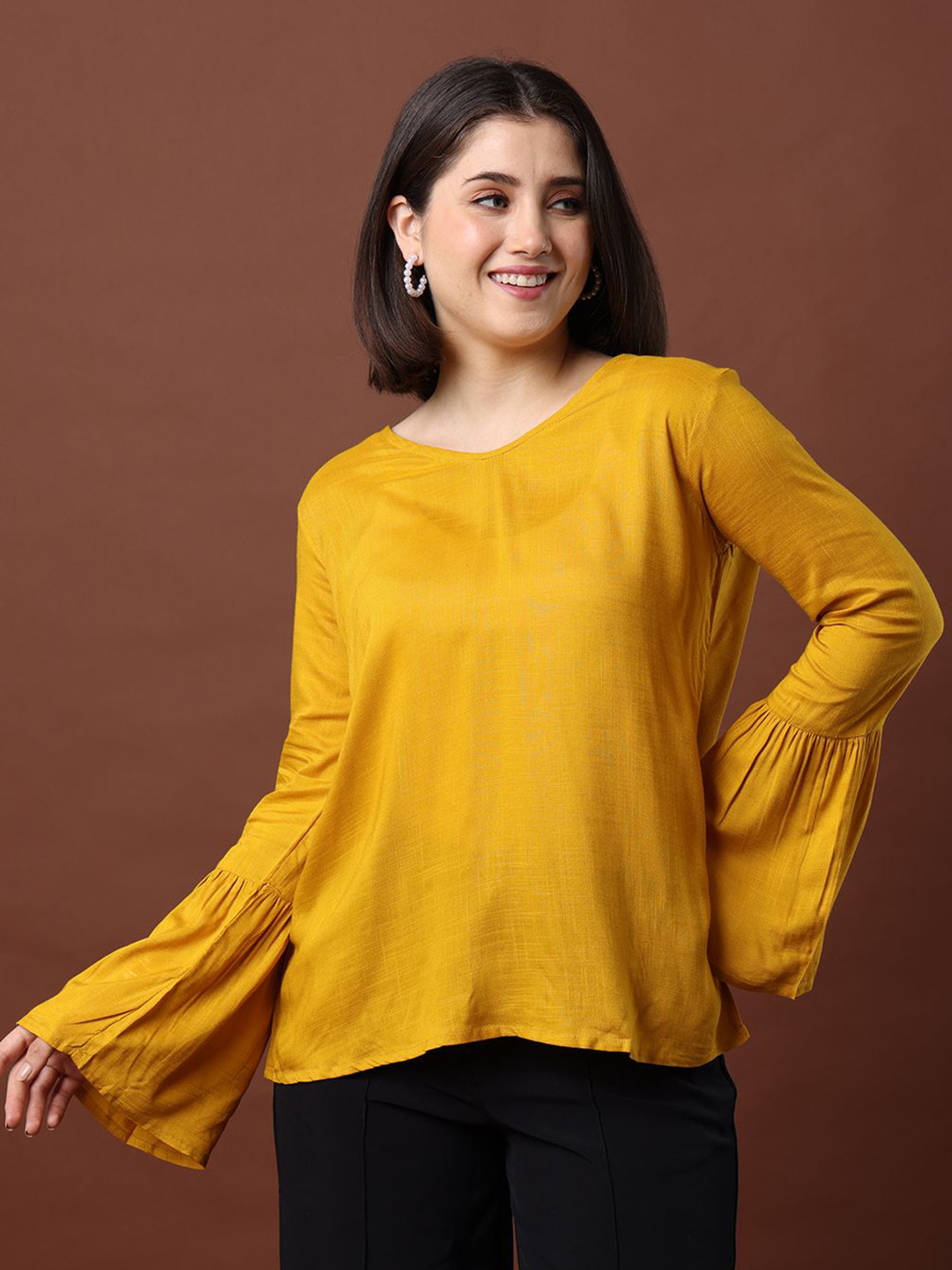 MYND Mustard Round Neck Bell Sleeve Top
