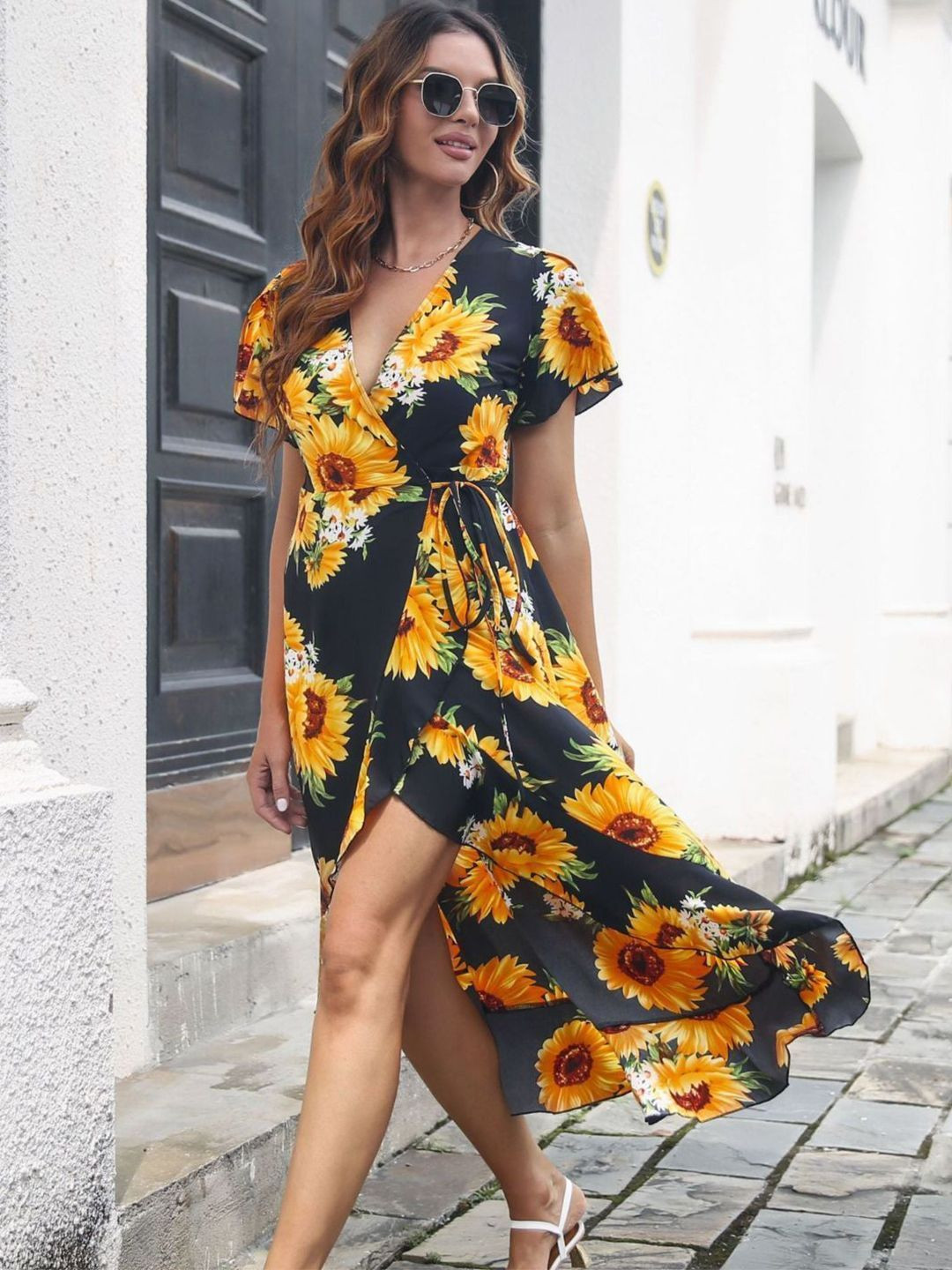 all about you Floral Printed Slit Tulip Sleeves Wrap Midi Dress