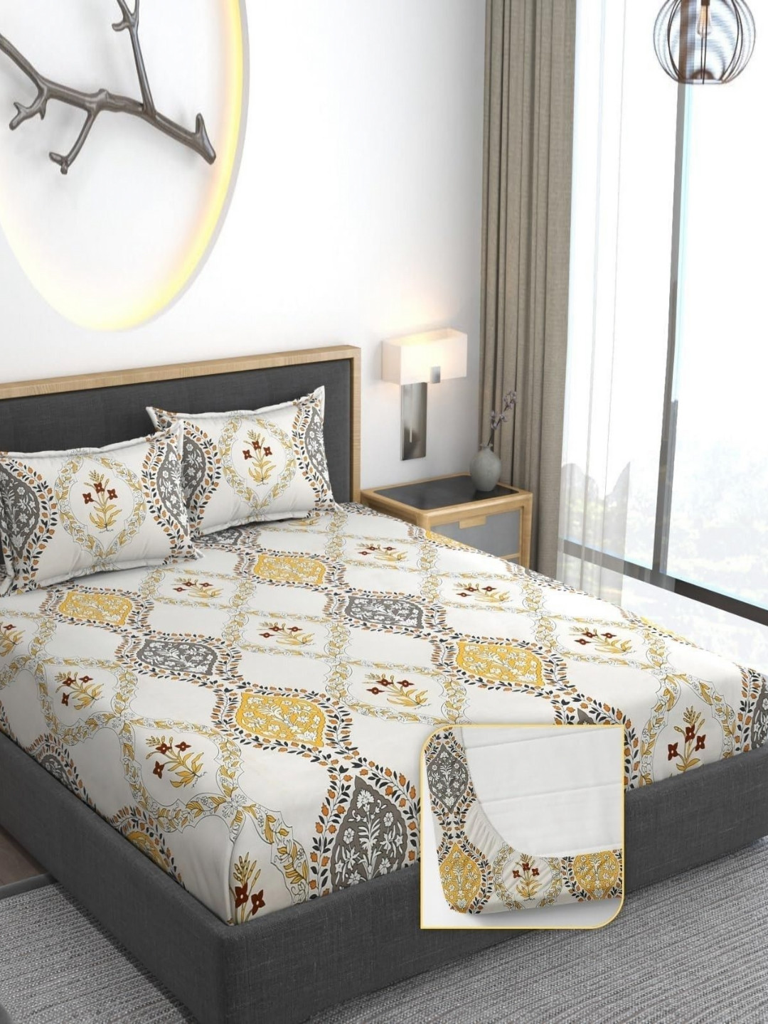 Myntra Elegant Homes Yellow Floral Polycotton 300 TC Fitted King Fine Bedsheet with 2 Pillow Covers-72 x 78 inches