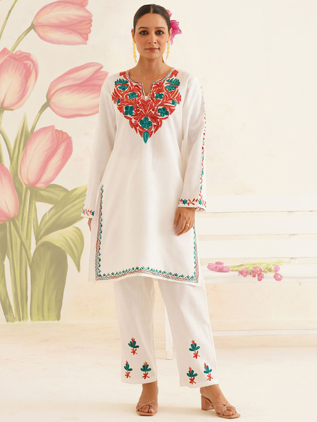 Kashmir Box Kashmiri Aari Embroidery White Cotton Co-Ord Set