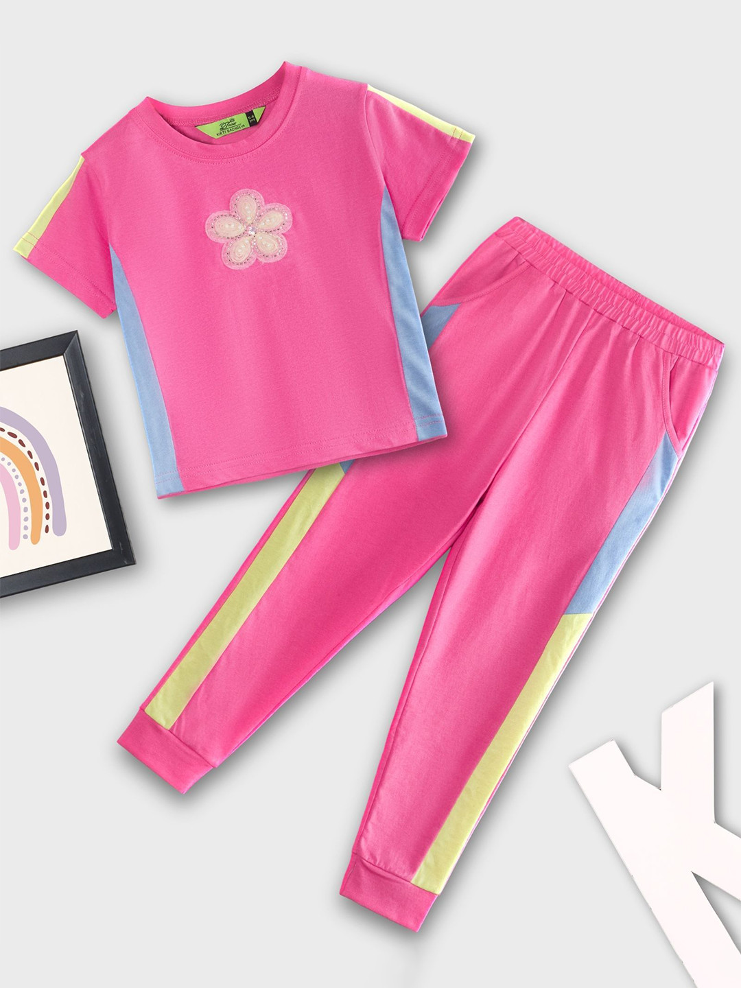 Tiara Girls Fluid Finish Funky Jogger Set With Applique Flower