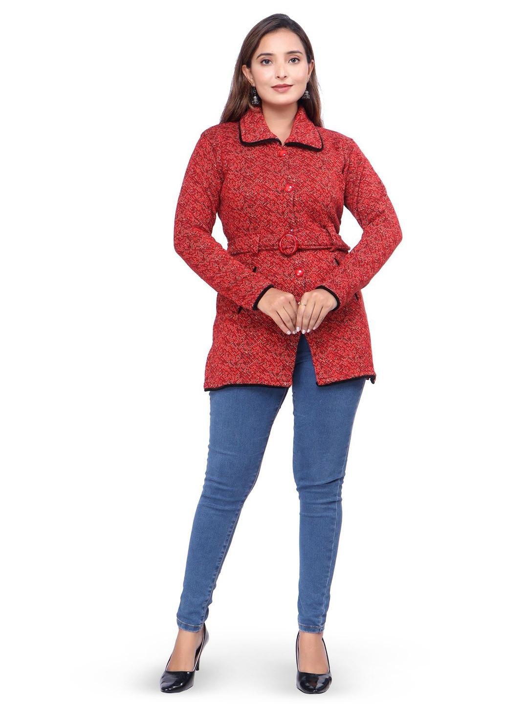 WOOL 4U Women Open Knit Self Design Woollen Cardigan with Belted Detail