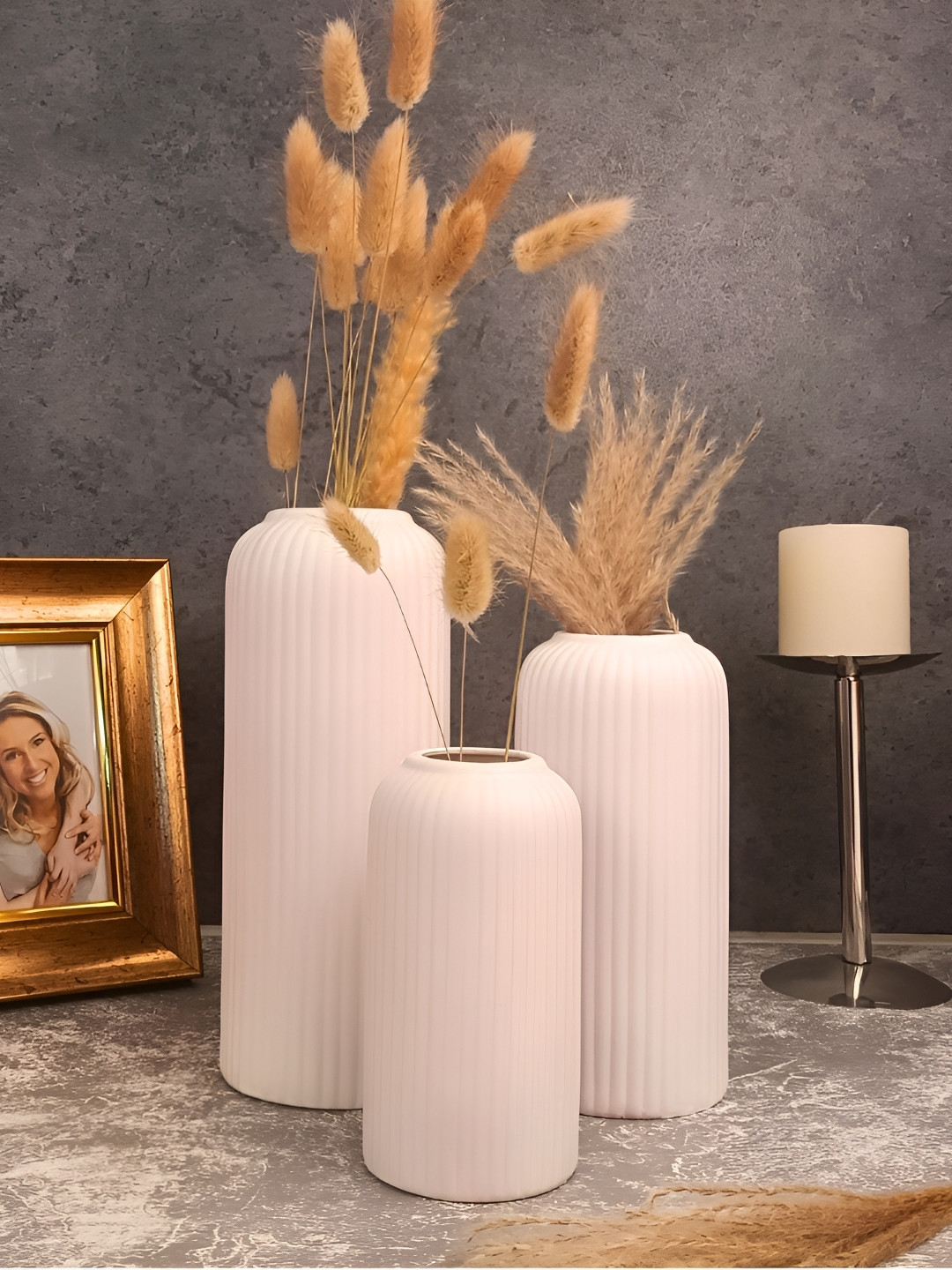 Kreative Arts Set Of 3 White Ribbed Ceramic Flower Vases