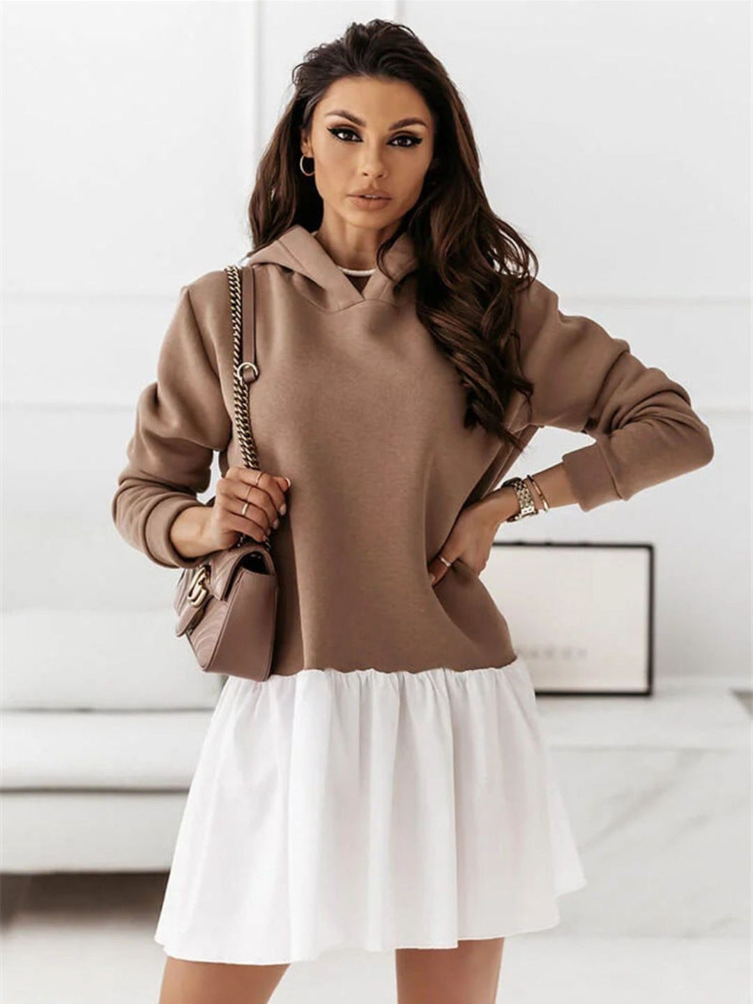 DressBerry Two-Piece Pullover Dress Hooded Splicing Cotton A-Line Dress