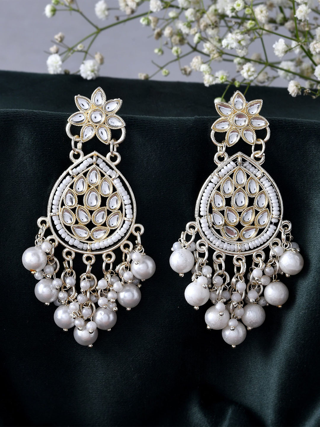 Anouk Stainless Steel Silver-Plated Artificial Stone & Beaded Teardrop Earrings