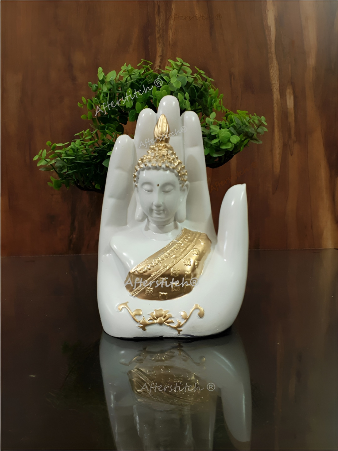 Afterstitch Palm Buddha White Polyresin Natural Living Room Small Showpiece - 6.7 Inches